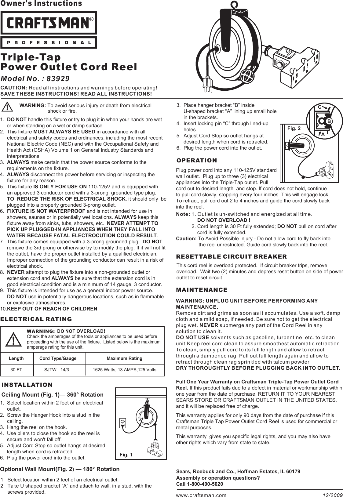 Page 1 of 2 - Craftsman Craftsman-Professional-30-Ft-Cord-Reel-Owners-Manual- 83929 Instruction  Craftsman-professional-30-ft-cord-reel-owners-manual