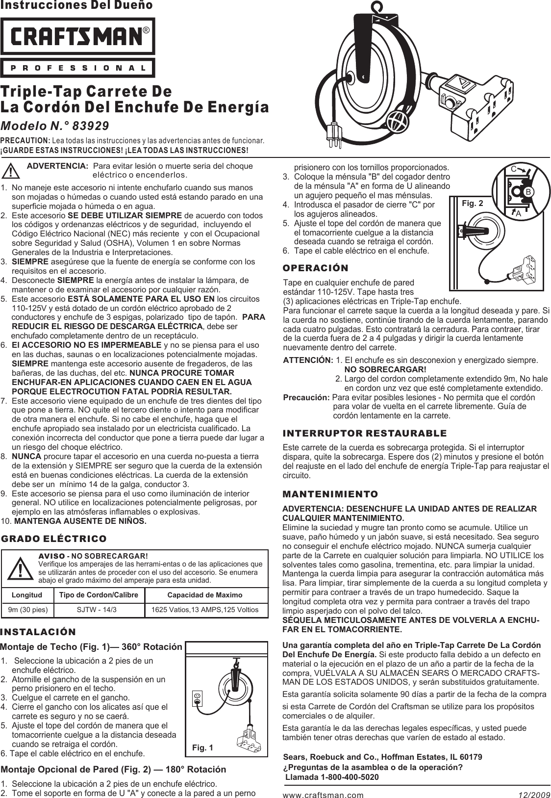 Page 2 of 2 - Craftsman Craftsman-Professional-30-Ft-Cord-Reel-Owners-Manual- 83929 Instruction  Craftsman-professional-30-ft-cord-reel-owners-manual