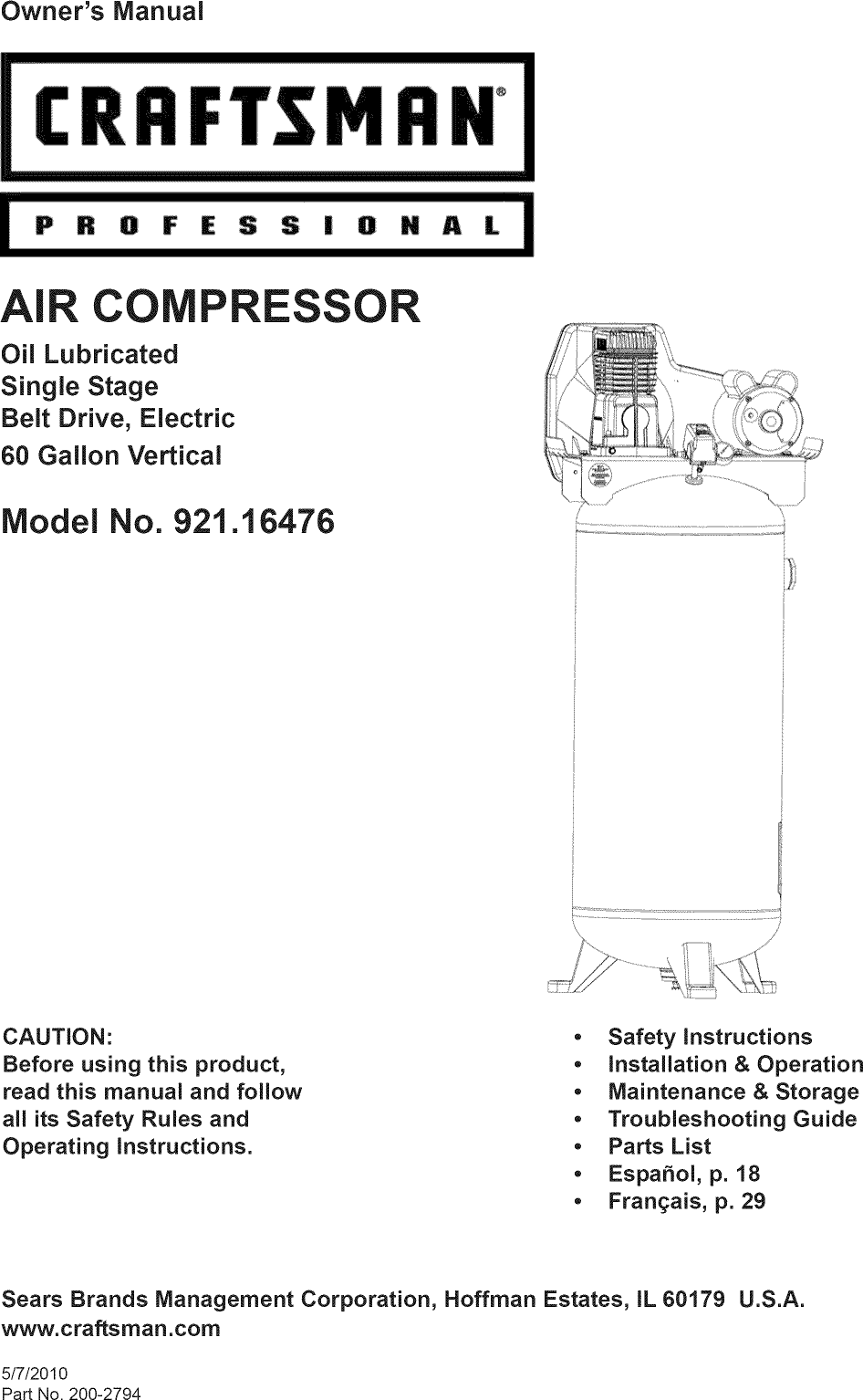 Craftsman Professional 60 Gallon Air Compressor 3 1 Rhp Vertical Tank