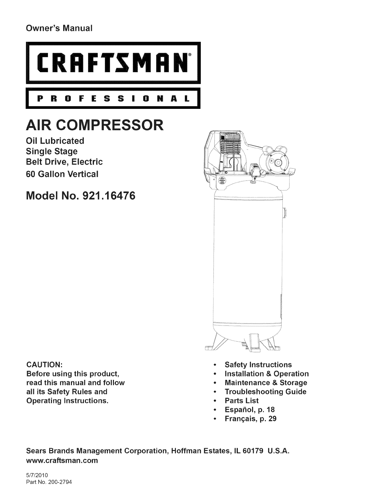 Craftsman Professional 60 Gallon Air Compressor 3 1 Rhp Vertical Tank 