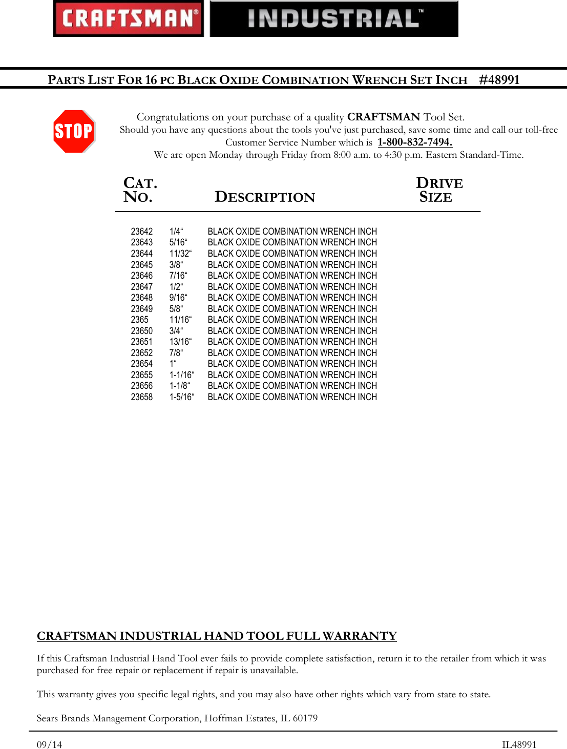Page 1 of 1 - Craftsman Craftsman-Professional-Use-16-Piece-Inch-Black-Oxide-Combination-Wrench-Set-Contents-List- Craftsman-professional-use-16-piece-inch-black-oxide-combination-wrench-set-contents-list