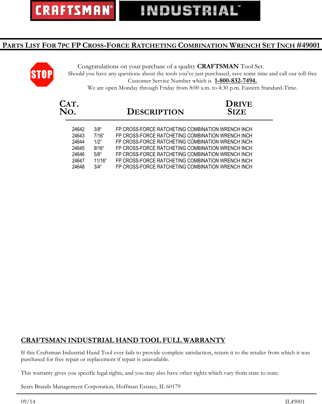 Page 1 of 1 - Craftsman Craftsman-Professional-Use-7Pc-Full-Polish-Inch-Cross-Force-Ratcheting-Combination-Wrench-Set-Contents-List-  Craftsman-professional-use-7pc-full-polish-inch-cross-force-ratcheting-combination-wrench-set-contents-list