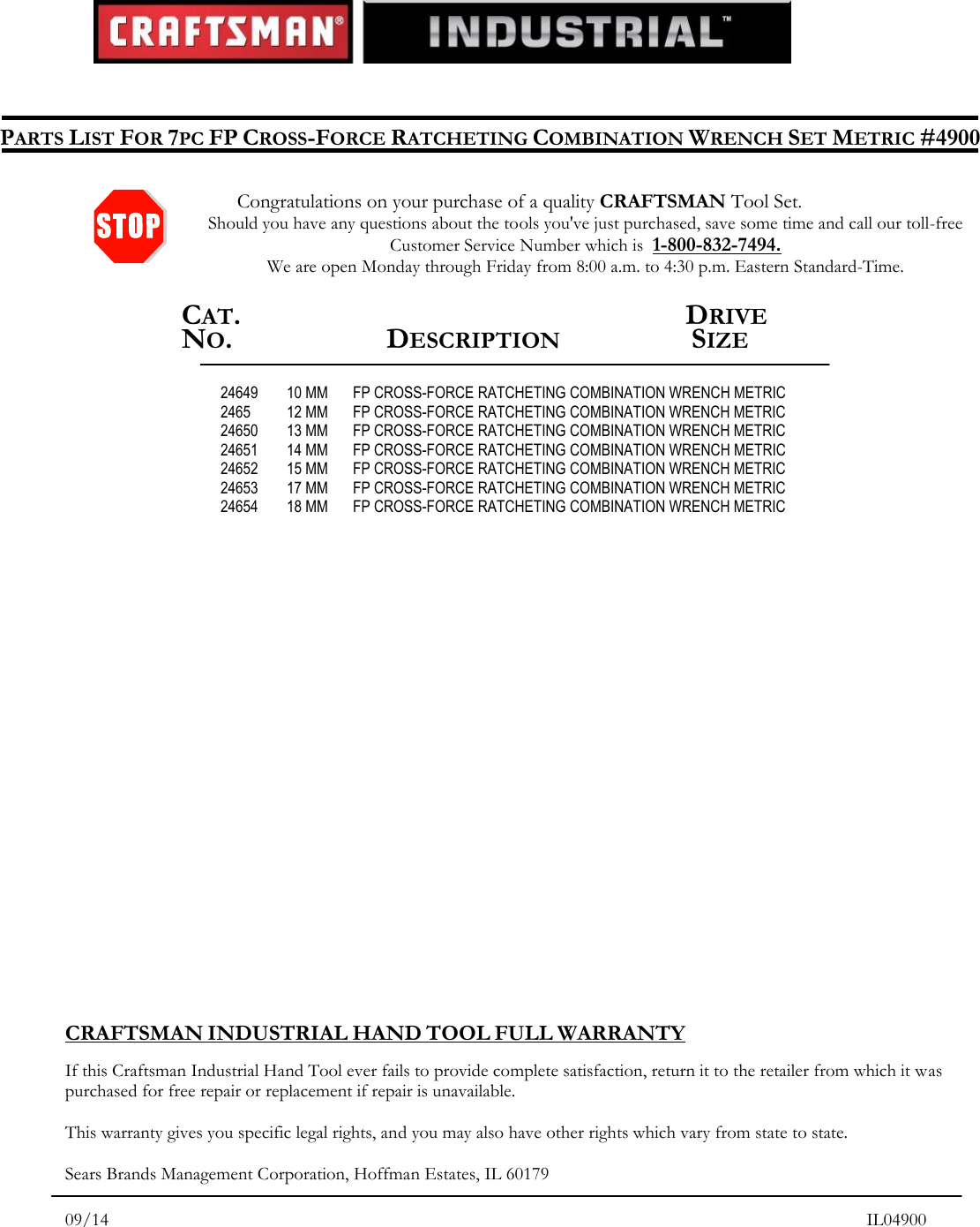 Page 1 of 1 - Craftsman Craftsman-Professional-Use-7Pc-Full-Polish-Metric-Cross-Force-Ratcheting-Combination-Wrench-Set-Contents-List-  Craftsman-professional-use-7pc-full-polish-metric-cross-force-ratcheting-combination-wrench-set-contents-list