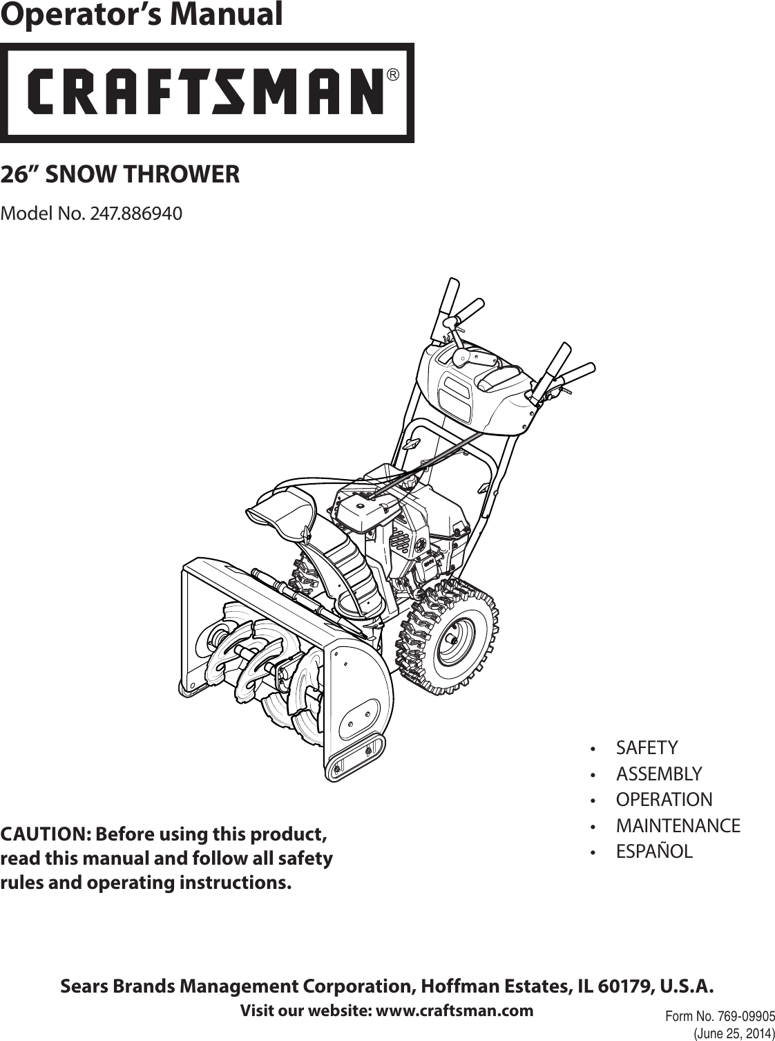 Craftsman Quiet 208Cc Dual Stage Snowblower Owners Manual