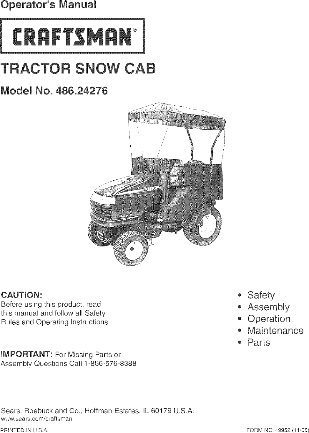 Page 1 of 12 - Craftsman Craftsman-Snow-Cab-486-24276-Owners-Manual-  Craftsman-snow-cab-486-24276-owners-manual