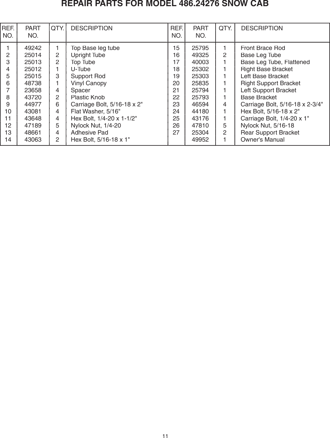 Page 11 of 12 - Craftsman Craftsman-Snow-Cab-486-24276-Users-Manual- 49952  Craftsman-snow-cab-486-24276-users-manual
