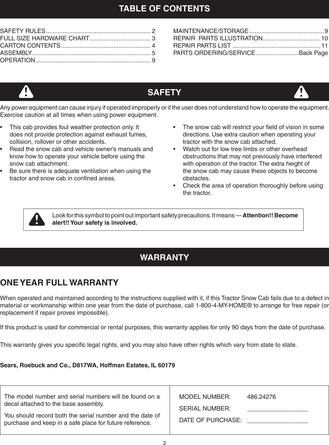 Page 2 of 12 - Craftsman Craftsman-Snow-Cab-486-24276-Users-Manual- 49952  Craftsman-snow-cab-486-24276-users-manual