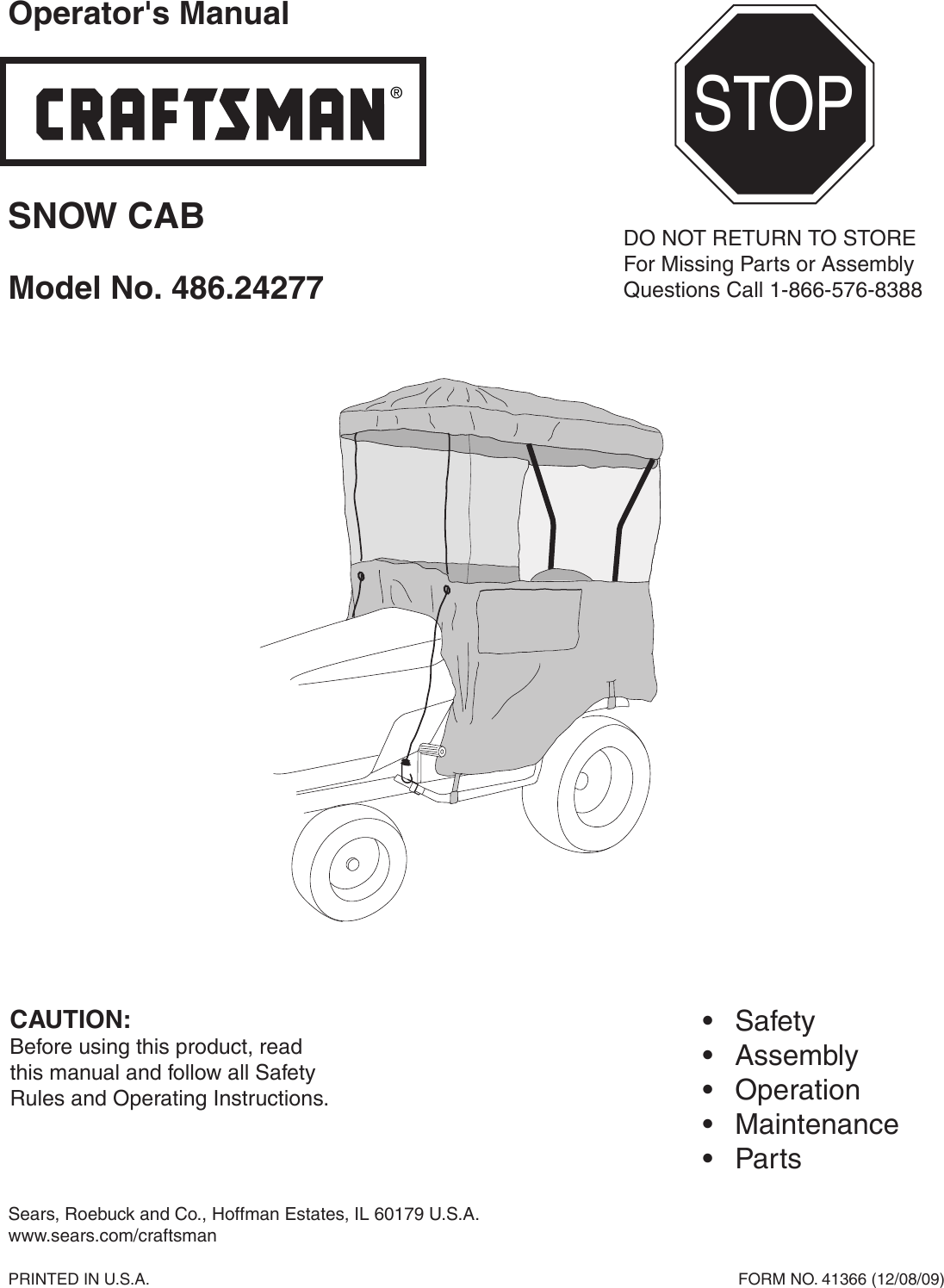 Page 1 of 8 - Craftsman Craftsman-Snow-Cab-For-Tractors-Source-247-Owners-Manual-  Craftsman-snow-cab-for-tractors-source-247-owners-manual