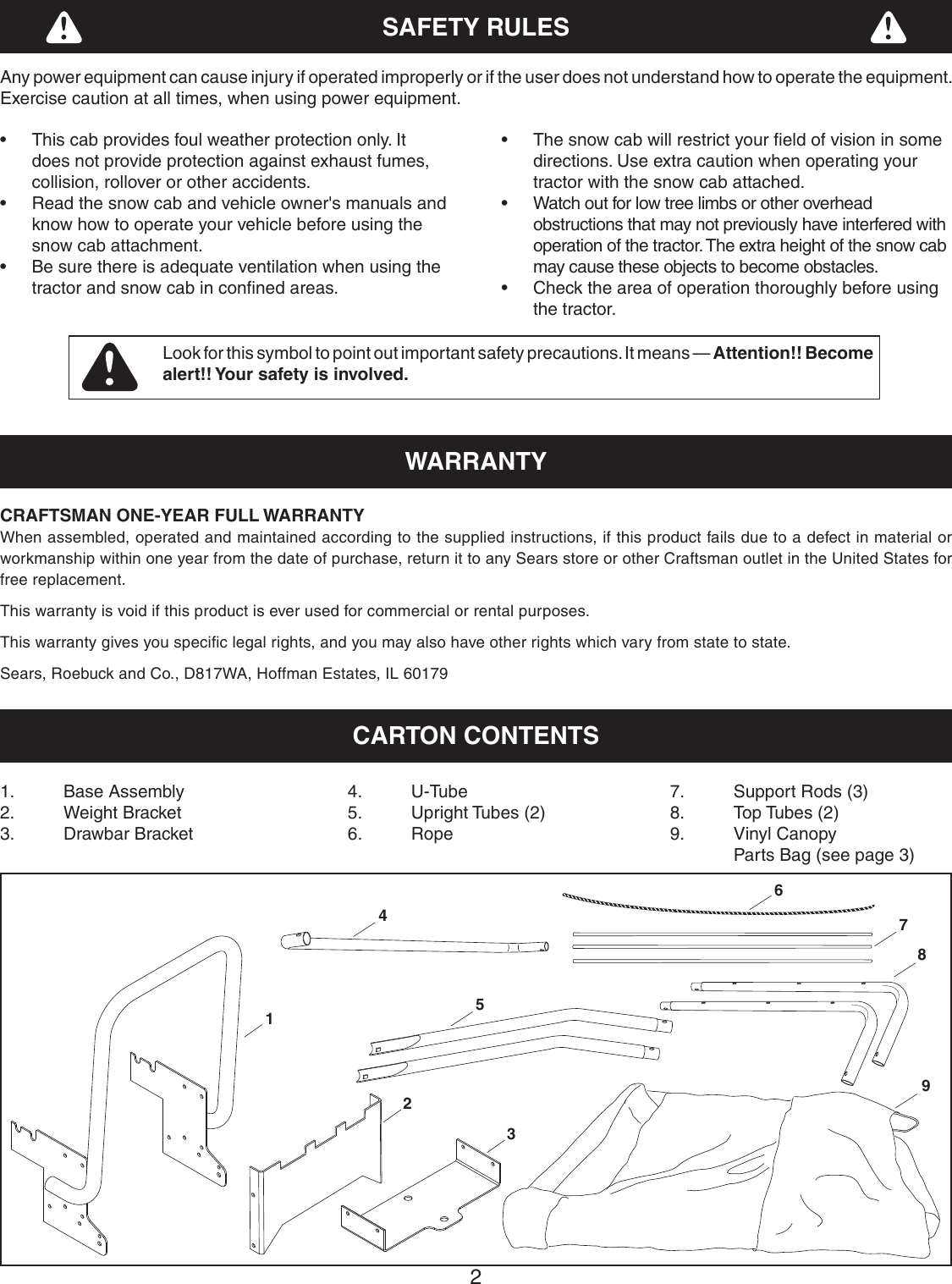 Page 2 of 8 - Craftsman Craftsman-Snow-Cab-For-Tractors-Source-247-Owners-Manual-  Craftsman-snow-cab-for-tractors-source-247-owners-manual