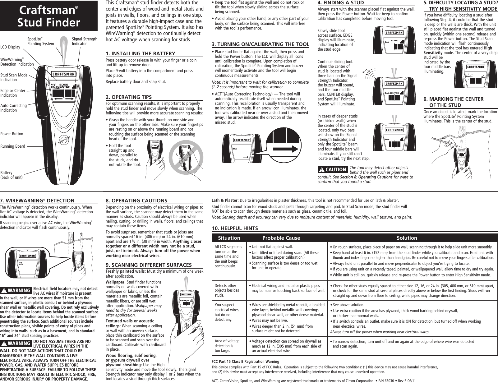 Craftsman Ssi65 Stud Finder Owners Manual