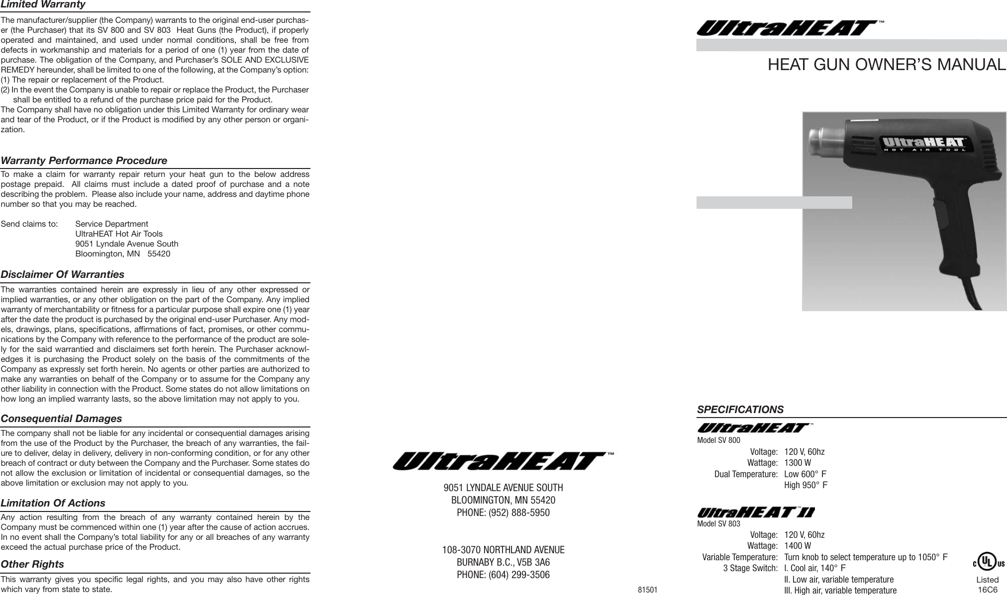 Page 1 of 2 - Craftsman Craftsman-Steinel-Ultraheat-Sv800-Heat-Gun-In-Case-Owners-Manual-  Craftsman-steinel-ultraheat-sv800-heat-gun-in-case-owners-manual