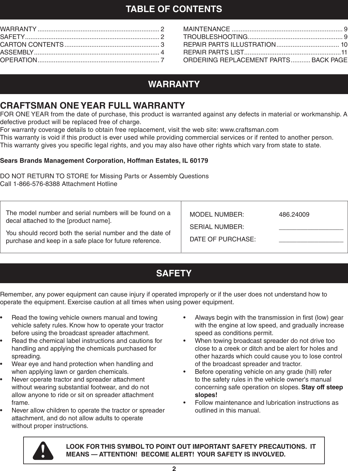 Page 2 of 12 - Craftsman Craftsman-Tow-Hitch-Fertilizer-Seed-Spreader-Owners-Manual-  Craftsman-tow-hitch-fertilizer-seed-spreader-owners-manual