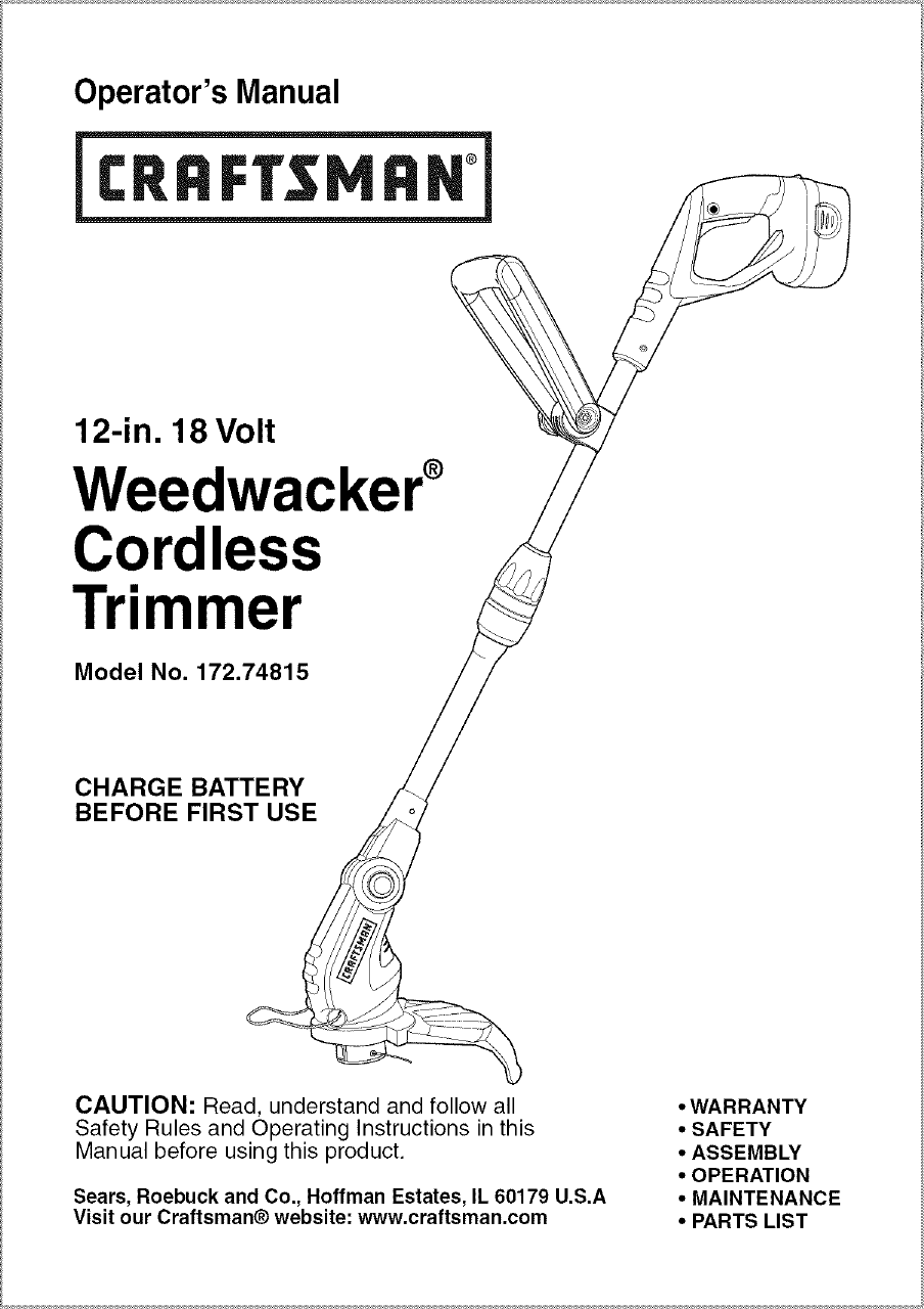 Craftsman Weedwacker 172 74815 Operators Manual