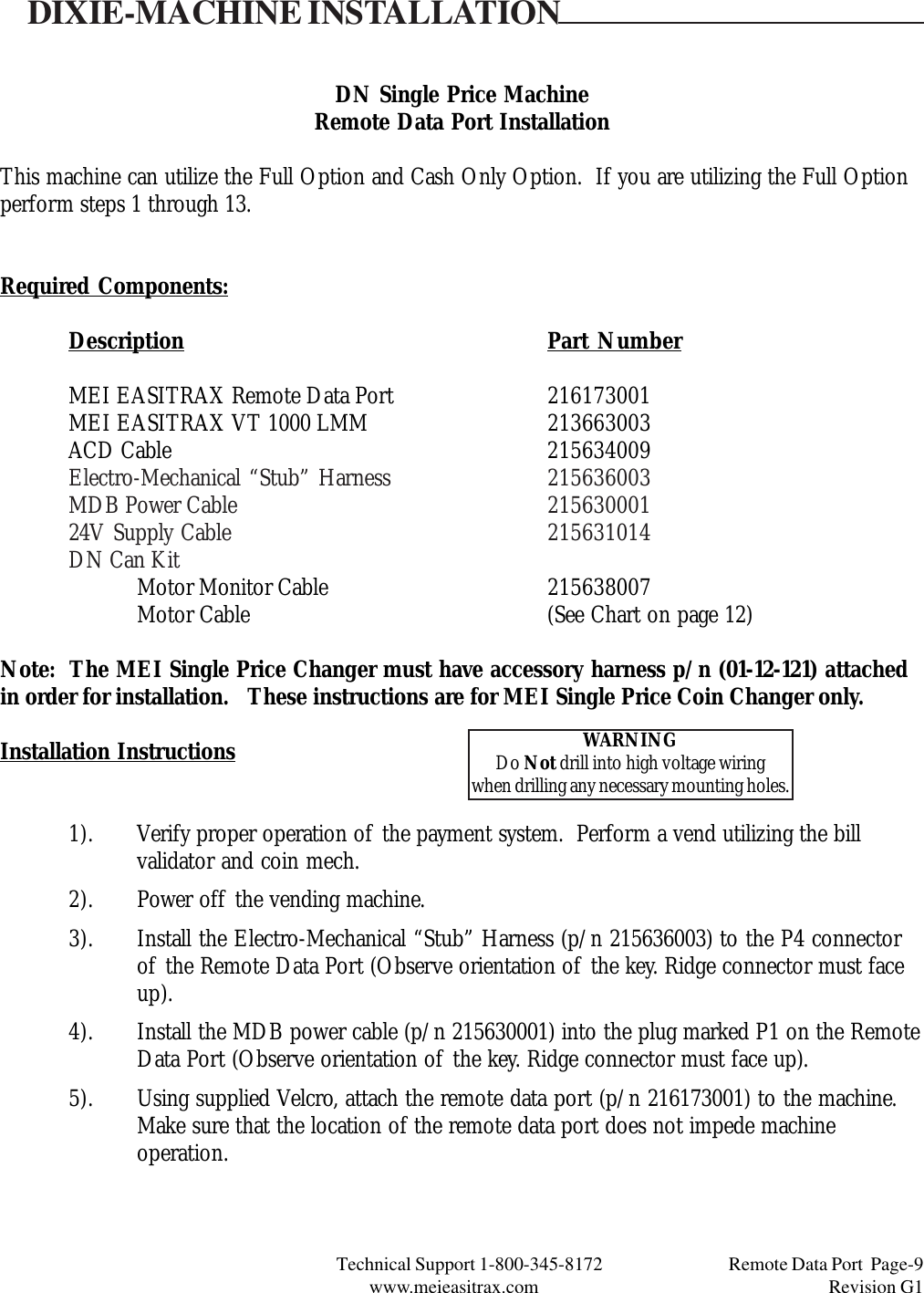 Technical Support 1-800-345-8172                                 Remote Data Port  Page-9www.meieasitrax.com                                                                       Revision G1DN Single Price MachineRemote Data Port InstallationThis machine can utilize the Full Option and Cash Only Option.  If you are utilizing the Full Optionperform steps 1 through 13.Required Components:Description Part NumberMEI EASITRAX Remote Data Port 216173001MEI EASITRAX VT 1000 LMM 213663003ACD Cable 215634009Electro-Mechanical “Stub” Harness 215636003MDB Power Cable 21563000124V Supply Cable 215631014DN Can KitMotor Monitor Cable 215638007Motor Cable (See Chart on page 12)Note:  The MEI Single Price Changer must have accessory harness p/n (01-12-121) attachedin order for installation.   These instructions are for MEI Single Price Coin Changer only.Installation Instructions1). Verify proper operation of the payment system.  Perform a vend utilizing the billvalidator and coin mech.2). Power off the vending machine.3). Install the Electro-Mechanical “Stub” Harness (p/n 215636003) to the P4 connectorof the Remote Data Port (Observe orientation of the key. Ridge connector must faceup).4). Install the MDB power cable (p/n 215630001) into the plug marked P1 on the RemoteData Port (Observe orientation of the key. Ridge connector must face up).5). Using supplied Velcro, attach the remote data port (p/n 216173001) to the machine.Make sure that the location of the remote data port does not impede machineoperation.DIXIE-MACHINE INSTALLATIONWARNINGDo Not drill into high voltage wiringwhen drilling any necessary mounting holes.