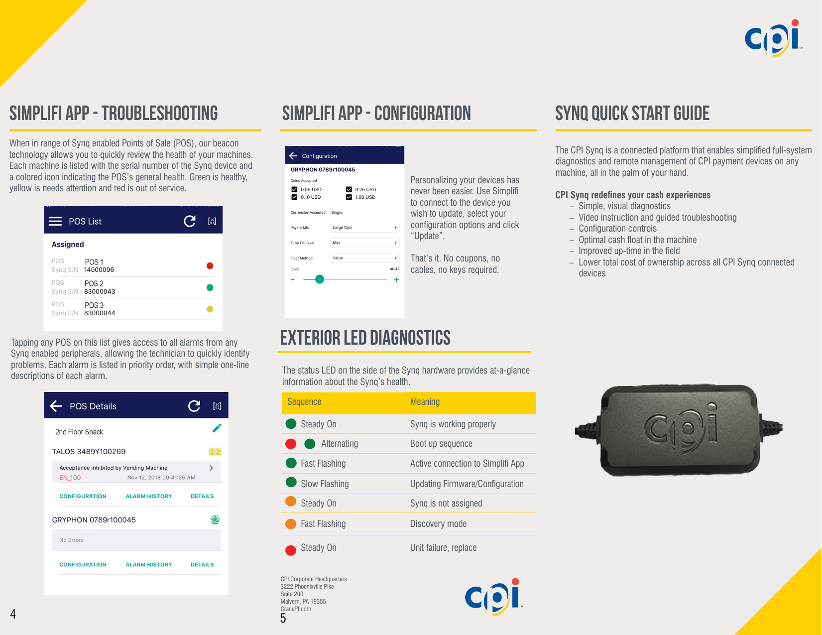 The status LED on the side of the Synq hardware provides at-a-glance information about the Synq’s health. Sequence Meaning      Steady On Synq is working properly               Alternating   Boot up sequence      Fast Flashing  Active connection to Simpli App      Slow Flashing Updating Firmware/Conguration      Steady On Synq is not assigned      Fast Flashing Discovery mode      Steady On Unit failure, replace         When in range of Synq enabled Points of Sale (POS), our beacon technology allows you to quickly review the health of your machines. Each machine is listed with the serial number of the Synq device and a colored icon indicating the POS’s general health. Green is healthy, yellow is needs attention and red is out of service. Tapping any POS on this list gives access to all alarms from any Synq enabled peripherals, allowing the technician to quickly identify problems. Each alarm is listed in priority order, with simple one-line descriptions of each alarm.5CPI Corporate Headquarters3222 Phoenixville PikeSuite 200Malvern, PA 19355CranePI.comSImplifi App - Troubleshooting SYnq Quick Start GuideThe CPI Synq is a connected platform that enables simplied full-system diagnostics and remote management of CPI payment devices on any machine, all in the palm of your hand.CPI Synq redenes your cash experiences  –Simple, visual diagnostics –Video instruction and guided troubleshooting –Conguration controls –Optimal cash oat in the machine –Improved up-time in the eld –Lower total cost of ownership across all CPI Synq connected devicesExterior led Diagnostics SImplifi App - ConfigurationPersonalizing your devices has never been easier. Use Simpli to connect to the device you wish to update, select your conguration options and click “Update”. That’s it. No coupons, no cables, no keys required. 4