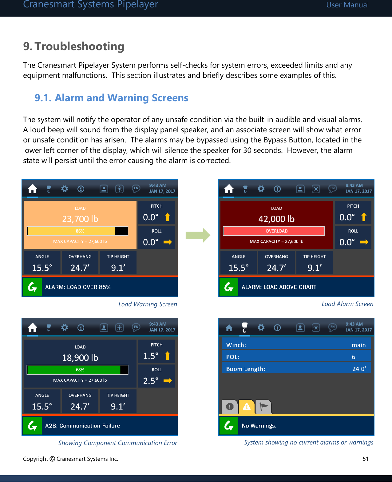 Cranesmart Systems Pipelayer User Manual Copyright © Cranesmart Systems Inc.  51  9. Troubleshooting The Cranesmart Pipelayer System performs self-checks for system errors, exceeded limits and any equipment malfunctions.  This section illustrates and briefly describes some examples of this.    9.1. Alarm and Warning Screens    The system will notify the operator of any unsafe condition via the built-in audible and visual alarms.  A loud beep will sound from the display panel speaker, and an associate screen will show what error or unsafe condition has arisen.  The alarms may be bypassed using the Bypass Button, located in the lower left corner of the display, which will silence the speaker for 30 seconds.  However, the alarm state will persist until the error causing the alarm is corrected.                        Load Alarm Screen Load Warning Screen System showing no current alarms or warnings Showing Component Communication Error 