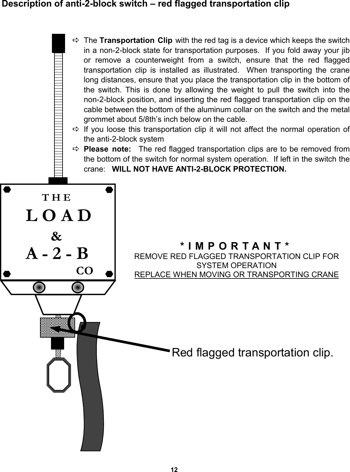 12 DThe Transportation Clip with the red tag is a device which keeps the switch in a non-2-block state for transportation purposes.  If you fold away your jib or remove a counterweight from a switch, ensure that the red flagged            transportation clip is installed as illustrated.  When transporting the crane long distances, ensure that you place the transportation clip in the bottom of the switch. This is done by allowing the weight to pull the switch into the            non-2-block position, and inserting the red flagged transportation clip on the     cable between the bottom of the aluminum collar on the switch and the metal grommet about 5/8th’s inch below on the cable. DIf you loose this transportation clip it will not affect the normal operation of the anti-2-block system DPlease note:  The red flagged transportation clips are to be removed from the bottom of the switch for normal system operation.  If left in the switch the crane:   WILL NOT HAVE ANTI-2-BLOCK PROTECTION. L O A D T H E &amp; A - 2 - B CO Description of anti-2-block switch – red flagged transportation clip *IMPORTANT* REMOVE RED FLAGGED TRANSPORTATION CLIP FOR  SYSTEM OPERATION   REPLACE WHEN MOVING OR TRANSPORTING CRANE   Red flagged transportation clip. 