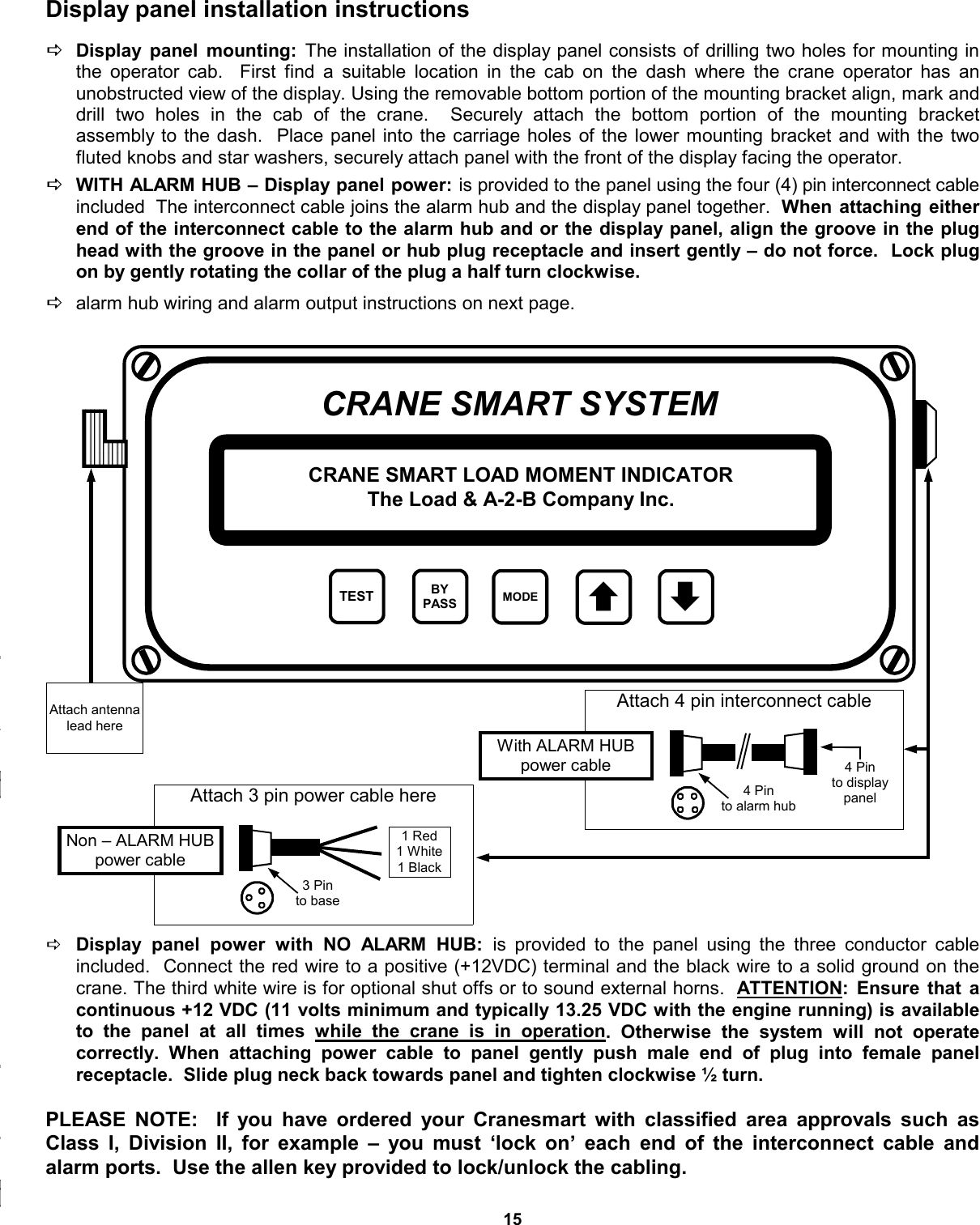 15 Display panel installation instructions    DDisplay panel mounting: The installation of the display panel consists of drilling two holes for mounting in the operator cab.  First find a suitable location in the cab on the dash where the crane operator has an        unobstructed view of the display. Using the removable bottom portion of the mounting bracket align, mark and drill two holes in the cab of the crane.  Securely attach the bottom portion of the mounting bracket           assembly to the dash.  Place panel into the carriage holes of the lower mounting bracket and with the two fluted knobs and star washers, securely attach panel with the front of the display facing the operator.    DWITH ALARM HUB – Display panel power: is provided to the panel using the four (4) pin interconnect cable included  The interconnect cable joins the alarm hub and the display panel together.  When attaching either end of the interconnect cable to the alarm hub and or the display panel, align the groove in the plug head with the groove in the panel or hub plug receptacle and insert gently – do not force.  Lock plug on by gently rotating the collar of the plug a half turn clockwise.  Dalarm hub wiring and alarm output instructions on next page.                              DDisplay panel power with NO ALARM HUB: is  provided  to  the  panel  using  the  three  conductor  cable        included.  Connect the red wire to a positive (+12VDC) terminal and the black wire to a solid ground on the crane. The third white wire is for optional shut offs or to sound external horns.  ATTENTION: Ensure that a continuous +12 VDC (11 volts minimum and typically 13.25 VDC with the engine running) is available to the panel at all times while the crane is in operation.  Otherwise  the  system  will  not  operate          correctly. When attaching power cable to panel gently push male end of plug into female panel         receptacle.  Slide plug neck back towards panel and tighten clockwise ½ turn.   PLEASE NOTE:  If you have ordered your Cranesmart with classified area approvals such as Class I, Division II, for example – you must ‘lock on’ each end of the interconnect cable and alarm ports.  Use the allen key provided to lock/unlock the cabling. CRANE SMART SYSTEM CRANE SMART LOAD MOMENT INDICATOR  The Load &amp; A-2-B Company Inc. © TEST  BY PASS  MODE © Attach antenna lead here Attach 3 pin power cable here 1 Red 1 White 1 Black 3 Pin to base Non – ALARM HUB power cable Attach 4 pin interconnect cable 4 Pin to alarm hub With ALARM HUB power cable  4 Pin to display panel 