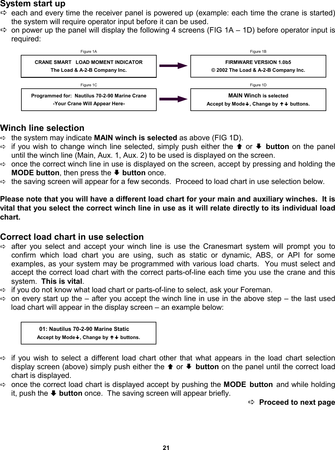 21 System start up Deach and every time the receiver panel is powered up (example: each time the crane is started) the system will require operator input before it can be used.   Don power up the panel will display the following 4 screens (FIG 1A – 1D) before operator input is required:          Winch line selection Dthe system may indicate MAIN winch is selected as above (FIG 1D).   Dif you wish to change winch line selected, simply push either the © or ª button on the panel   until the winch line (Main, Aux. 1, Aux. 2) to be used is displayed on the screen.  Donce the correct winch line in use is displayed on the screen, accept by pressing and holding the MODE button, then press the ª button once.   Dthe saving screen will appear for a few seconds.  Proceed to load chart in use selection below.  Please note that you will have a different load chart for your main and auxiliary winches.  It is vital that you select the correct winch line in use as it will relate directly to its individual load chart.  Correct load chart in use selection  Dafter you select and accept your winch line is use the Cranesmart system will prompt you to   confirm which load chart you are using, such as static or dynamic, ABS, or  API  for  some           examples, as your system may be programmed with various load charts.  You must select and   accept the correct load chart with the correct parts-of-line each time you use the crane and this system.  This is vital.   Dif you do not know what load chart or parts-of-line to select, ask your Foreman.   Don every start up the – after you accept the winch line in use in the above step – the last used load chart will appear in the display screen – an example below:      Dif you wish to select a different load chart other that what appears in the load chart selection    display screen (above) simply push either the © or ª button on the panel until the correct load chart is displayed. Donce the correct load chart is displayed accept by pushing the MODE button and while holding it, push the ª button once.  The saving screen will appear briefly. DProceed to next page CRANE SMART   LOAD MOMENT INDICATOR The Load &amp; A-2-B Company Inc. Figure 1A FIRMWARE VERSION 1.0b5 © 2002 The Load &amp; A-2-B Company Inc. Figure 1B Programmed for:  Nautilus 70-2-90 Marine Crane -Your Crane Will Appear Here- Figure 1C           01: Nautilus 70-2-90 Marine Static  Accept by Mode, Change by  buttons. MAIN Winch is selected Accept by Mode, Change by  buttons. Figure 1D 