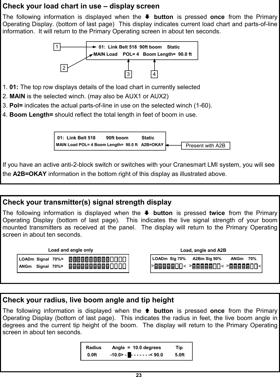 23 Check your load chart in use – display screen  The following information is displayed when the ª button is pressed once  from  the  Primary       Operating Display. (bottom of last page)  This display indicates current load chart and parts-of-line information.  It will return to the Primary Operating screen in about ten seconds.         1. 01: The top row displays details of the load chart in currently selected  2. MAIN is the selected winch. (may also be AUX1 or AUX2) 3. Pol= indicates the actual parts-of-line in use on the selected winch (1-60). 4. Boom Length= should reflect the total length in feet of boom in use.      If you have an active anti-2-block switch or switches with your Cranesmart LMI system, you will see the A2B=OKAY information in the bottom right of this display as illustrated above.         01:  Link Belt 518  90ft boom    Static     MAIN Load    POL= 4   Boom Length=  90.0 ft 1 2 4 3  01:  Link Belt 518        90ft boom          Static MAIN Load POL= 4 Boom Length=  90.0 ft   A2B=OKAY  Present with A2B  Check your transmitter(s) signal strength display  The following information is displayed when the ª button is pressed twice  from  the  Primary       Operating Display (bottom of last page).  This indicates the live signal strength of your boom mounted transmitters as received at the panel.  The display will return to the Primary Operating screen in about ten seconds.   LOADm  Signal   70%&gt; ANGm    Signal   70%&gt; Load and angle only LOADm  Sig 70%      A2Bm Sig 90%        ANGm    70%  &gt; &gt; &gt; &gt; &gt; &gt; Load, angle and A2B Check your radius, live boom angle and tip height  The following information is displayed when the © button is pressed once  from  the  Primary       Operating Display (bottom of last page).  This indicates the radius in feet, the live boom angle in  degrees and the current tip height of the boom.  The display will return to the Primary Operating screen in about ten seconds.       Radius        Angle  =  10.0 degrees           Tip     0.0ft          -10.0&gt; - █- - - - - - -&lt; 90.0         5.0ft 