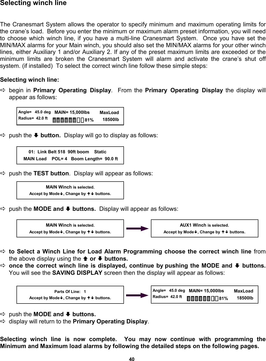 40 Selecting winch line    The Cranesmart System allows the operator to specify minimum and maximum operating limits for the crane’s load.  Before you enter the minimum or maximum alarm preset information, you will need to choose which winch line, if you have a multi-line Cranesmart System.  Once you have set the MIN/MAX alarms for your Main winch, you should also set the MIN/MAX alarms for your other winch lines, either Auxiliary 1 and/or Auxiliary 2. If any of the preset maximum limits are exceeded or the minimum limits are broken the Cranesmart System will alarm and activate the crane’s shut off      system. (if installed)  To select the correct winch line follow these simple steps:  Selecting winch line:  Dbegin in Primary Operating Display.  From the Primary Operating Display the display will    appear as follows:      Dpush the ª button.  Display will go to display as follows:      Dpush the TEST button.  Display will appear as follows:     Dpush the MODE and ª buttons.  Display will appear as follows:      Dto Select a Winch Line for Load Alarm Programming choose the correct winch line from the above display using the © or ª buttons.    Donce the correct winch line is displayed, continue by pushing the MODE and ª buttons.  You will see the SAVING DISPLAY screen then the display will appear as follows:      Dpush the MODE and ª buttons.   Ddisplay will return to the Primary Operating Display.   Selecting winch line is now complete.  You may now continue with programming the        Minimum and Maximum load alarms by following the detailed steps on the following pages. MAIN Winch is selected. Accept by Mode, Change by  buttons. AUX1 Winch is selected. Accept by Mode, Change by  buttons. Parts Of Line:   1 Accept by Mode, Change by  buttons.  Angle=   45.0 deg Radius=  42.0 ft   MAIN= 15,000lbs      MaxLoad        18500lb 81%         01:  Link Belt 518  90ft boom    Static     MAIN Load    POL= 4   Boom Length=  90.0 ft MAIN Winch is selected. Accept by Mode, Change by  buttons.  Angle=   45.0 deg Radius=  42.0 ft   MAIN= 15,000lbs      MaxLoad        18500lb 81% 