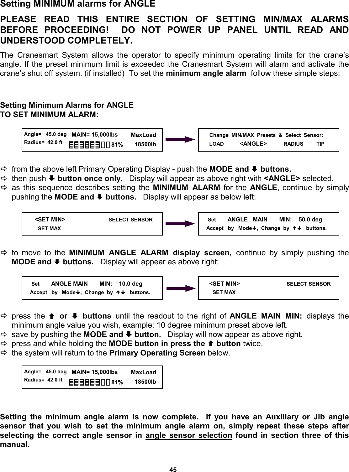 45 © The LOAD &amp; A-2-B Company Inc. – Crane Smart System – Stiff Boom Manual / last revised November 2001 / specifications subject to change Setting MINIMUM alarms for ANGLE  PLEASE READ THIS ENTIRE SECTION  OF  SETTING  MIN/MAX  ALARMS          BEFORE PROCEEDING!  DO NOT  POWER  UP  PANEL  UNTIL  READ  AND         UNDERSTOOD COMPLETELY.  The Cranesmart System allows the operator to specify minimum operating limits for  the  crane’s    angle. If the preset minimum limit is exceeded the Cranesmart System will alarm and activate the crane’s shut off system. (if installed)  To set the minimum angle alarm  follow these simple steps:    Setting Minimum Alarms for ANGLE TO SET MINIMUM ALARM:      Dfrom the above left Primary Operating Display - push the MODE and ª buttons.   Dthen push ª button once only.   Display will appear as above right with &lt;ANGLE&gt; selected. Das this sequence describes setting the MINIMUM ALARM for the ANGLE, continue by simply pushing the MODE and ª buttons.   Display will appear as below left:      Dto move to the MINIMUM ANGLE ALARM display screen, continue by simply pushing the MODE and ª buttons.   Display will appear as above right:      Dpress the © or ª buttons until the readout to the right of ANGLE MAIN MIN: displays  the       minimum angle value you wish, example: 10 degree minimum preset above left. Dsave by pushing the MODE and ª button.   Display will now appear as above right. Dpress and while holding the MODE button in press the © button twice.   Dthe system will return to the Primary Operating Screen below.       Setting the minimum angle alarm is now complete.  If you have an Auxiliary or Jib angle    sensor that you wish to set the minimum angle alarm on, simply repeat these steps after     selecting the correct angle sensor in angle sensor selection found in section three of this manual.  &lt;SET MIN&gt;                          SELECT SENSOR    SET MAX      Set        ANGLE   MAIN       MIN:    50.0 deg      Accept   by   Mode,  Change  by     buttons.      Set        ANGLE MAIN       MIN:    10.0 deg     Accept   by   Mode,  Change  by     buttons. &lt;SET MIN&gt;                            SELECT SENSOR   SET MAX Change  MIN/MAX  Presets  &amp;  Select  Sensor: LOAD           &lt;ANGLE&gt;          RADIUS         TIP  Angle=   45.0 deg Radius=  42.0 ft   MAIN= 15,000lbs      MaxLoad        18500lb 81%  Angle=   45.0 deg Radius=  42.0 ft   MAIN= 15,000lbs      MaxLoad        18500lb 81% 