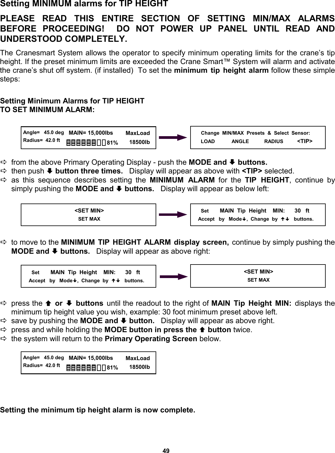 49 © The LOAD &amp; A-2-B Company Inc. – Crane Smart System – Stiff Boom Manual / last revised November 2001 / specifications subject to change © The LOAD &amp; A-2-B Company Inc. – Crane Smart System – Stiff Boom Manual / last revised November 2001 / specifications subject to change Setting MINIMUM alarms for TIP HEIGHT  PLEASE READ THIS ENTIRE SECTION  OF  SETTING  MIN/MAX  ALARMS          BEFORE PROCEEDING!  DO NOT  POWER  UP  PANEL  UNTIL  READ  AND         UNDERSTOOD COMPLETELY.  The Cranesmart System allows the operator to specify minimum operating limits for the crane’s tip height. If the preset minimum limits are exceeded the Crane Smart™ System will alarm and activate the crane’s shut off system. (if installed)  To set the minimum tip height alarm follow these simple steps:   Setting Minimum Alarms for TIP HEIGHT TO SET MINIMUM ALARM:      Dfrom the above Primary Operating Display - push the MODE and ª buttons.   Dthen push ª button three times.   Display will appear as above with &lt;TIP&gt; selected. Das this sequence describes setting the MINIMUM ALARM for the TIP HEIGHT, continue by    simply pushing the MODE and ª buttons.   Display will appear as below left:      Dto move to the MINIMUM TIP HEIGHT ALARM display screen, continue by simply pushing the MODE and ª buttons.   Display will appear as above right:      Dpress the © or ª buttons until the readout to the right of MAIN Tip Height MIN: displays the       minimum tip height value you wish, example: 30 foot minimum preset above left. Dsave by pushing the MODE and ª button.   Display will appear as above right. Dpress and while holding the MODE button in press the © button twice.   Dthe system will return to the Primary Operating Screen below.        Setting the minimum tip height alarm is now complete.   Change  MIN/MAX  Presets  &amp;  Select  Sensor: LOAD            ANGLE           RADIUS          &lt;TIP&gt;  &lt;SET MIN&gt;                            SET MAX       Set        MAIN  Tip  Height    MIN:      30   ft      Accept   by   Mode,  Change  by     buttons.       Set        MAIN  Tip  Height    MIN:      30   ft      Accept   by   Mode,  Change  by     buttons.  &lt;SET MIN&gt;                            SET MAX  Angle=   45.0 deg Radius=  42.0 ft   MAIN= 15,000lbs      MaxLoad        18500lb 81%  Angle=   45.0 deg Radius=  42.0 ft   MAIN= 15,000lbs      MaxLoad        18500lb 81% 