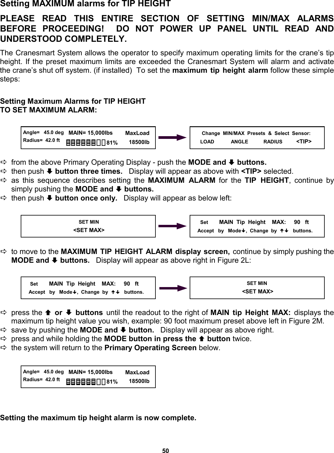 50 © The LOAD &amp; A-2-B Company Inc. – Crane Smart System – Stiff Boom Manual / last revised November 2001 / specifications subject to change Setting MAXIMUM alarms for TIP HEIGHT  PLEASE READ THIS ENTIRE SECTION  OF  SETTING  MIN/MAX  ALARMS          BEFORE PROCEEDING!  DO NOT  POWER  UP  PANEL  UNTIL  READ  AND         UNDERSTOOD COMPLETELY.  The Cranesmart System allows the operator to specify maximum operating limits for the crane’s tip height. If the preset maximum limits are exceeded the Cranesmart System will alarm and activate the crane’s shut off system. (if installed)  To set the maximum tip height alarm follow these simple steps:   Setting Maximum Alarms for TIP HEIGHT TO SET MAXIMUM ALARM:      Dfrom the above Primary Operating Display - push the MODE and ª buttons.   Dthen push ª button three times.   Display will appear as above with &lt;TIP&gt; selected. Das this sequence describes setting the MAXIMUM ALARM for the TIP HEIGHT, continue by  simply pushing the MODE and ª buttons.    Dthen push ª button once only.   Display will appear as below left:      Dto move to the MAXIMUM TIP HEIGHT ALARM display screen, continue by simply pushing the MODE and ª buttons.   Display will appear as above right in Figure 2L:      Dpress the © or ª buttons until the readout to the right of MAIN tip Height MAX: displays the       maximum tip height value you wish, example: 90 foot maximum preset above left in Figure 2M. Dsave by pushing the MODE and ª button.   Display will appear as above right. Dpress and while holding the MODE button in press the © button twice.   Dthe system will return to the Primary Operating Screen below.        Setting the maximum tip height alarm is now complete.    Change  MIN/MAX  Presets  &amp;  Select  Sensor: LOAD            ANGLE           RADIUS          &lt;TIP&gt;  SET MIN                            &lt;SET MAX&gt;       Set        MAIN  Tip  Height    MAX:     90   ft      Accept   by   Mode,  Change  by     buttons.      Set        MAIN  Tip  Height    MAX:     90   ft      Accept   by   Mode,  Change  by     buttons. SET MIN                            &lt;SET MAX&gt;  Angle=   45.0 deg Radius=  42.0 ft   MAIN= 15,000lbs      MaxLoad        18500lb 81%  Angle=   45.0 deg Radius=  42.0 ft   MAIN= 15,000lbs      MaxLoad        18500lb 81% 