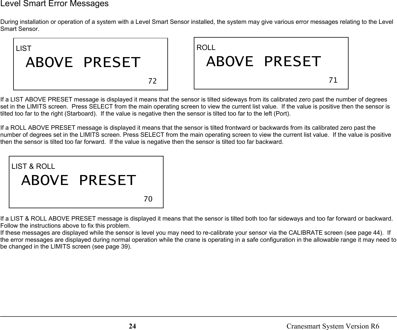 24  Cranesmart System Version R6Level Smart Error MessagesDuring installation or operation of a system with a Level Smart Sensor installed, the system may give various error messages relating to the LevelSmart Sensor.If a LIST ABOVE PRESET message is displayed it means that the sensor is tilted sideways from its calibrated zero past the number of degreesset in the LIMITS screen.  Press SELECT from the main operating screen to view the current list value.  If the value is positive then the sensor istilted too far to the right (Starboard).  If the value is negative then the sensor is tilted too far to the left (Port).If a ROLL ABOVE PRESET message is displayed it means that the sensor is tilted frontward or backwards from its calibrated zero past thenumber of degrees set in the LIMITS screen. Press SELECT from the main operating screen to view the current list value.  If the value is positivethen the sensor is tilted too far forward.  If the value is negative then the sensor is tilted too far backward.If a LIST &amp; ROLL ABOVE PRESET message is displayed it means that the sensor is tilted both too far sideways and too far forward or backward.Follow the instructions above to fix this problem.If these messages are displayed while the sensor is level you may need to re-calibrate your sensor via the CALIBRATE screen (see page 44).  Ifthe error messages are displayed during normal operation while the crane is operating in a safe configuration in the allowable range it may need tobe changed in the LIMITS screen (see page 39).LIST ABOVE PRESET72ROLL ABOVE PRESET71LIST &amp; ROLL ABOVE PRESET70