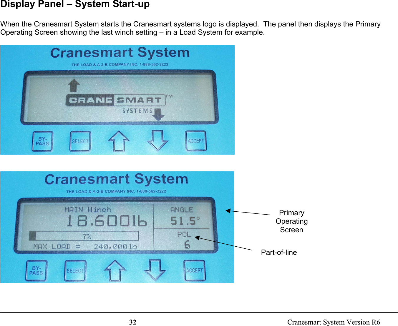 32  Cranesmart System Version R6Display Panel – System Start-upWhen the Cranesmart System starts the Cranesmart systems logo is displayed.  The panel then displays the PrimaryOperating Screen showing the last winch setting – in a Load System for example.PrimaryOperatingScreenPart-of-line