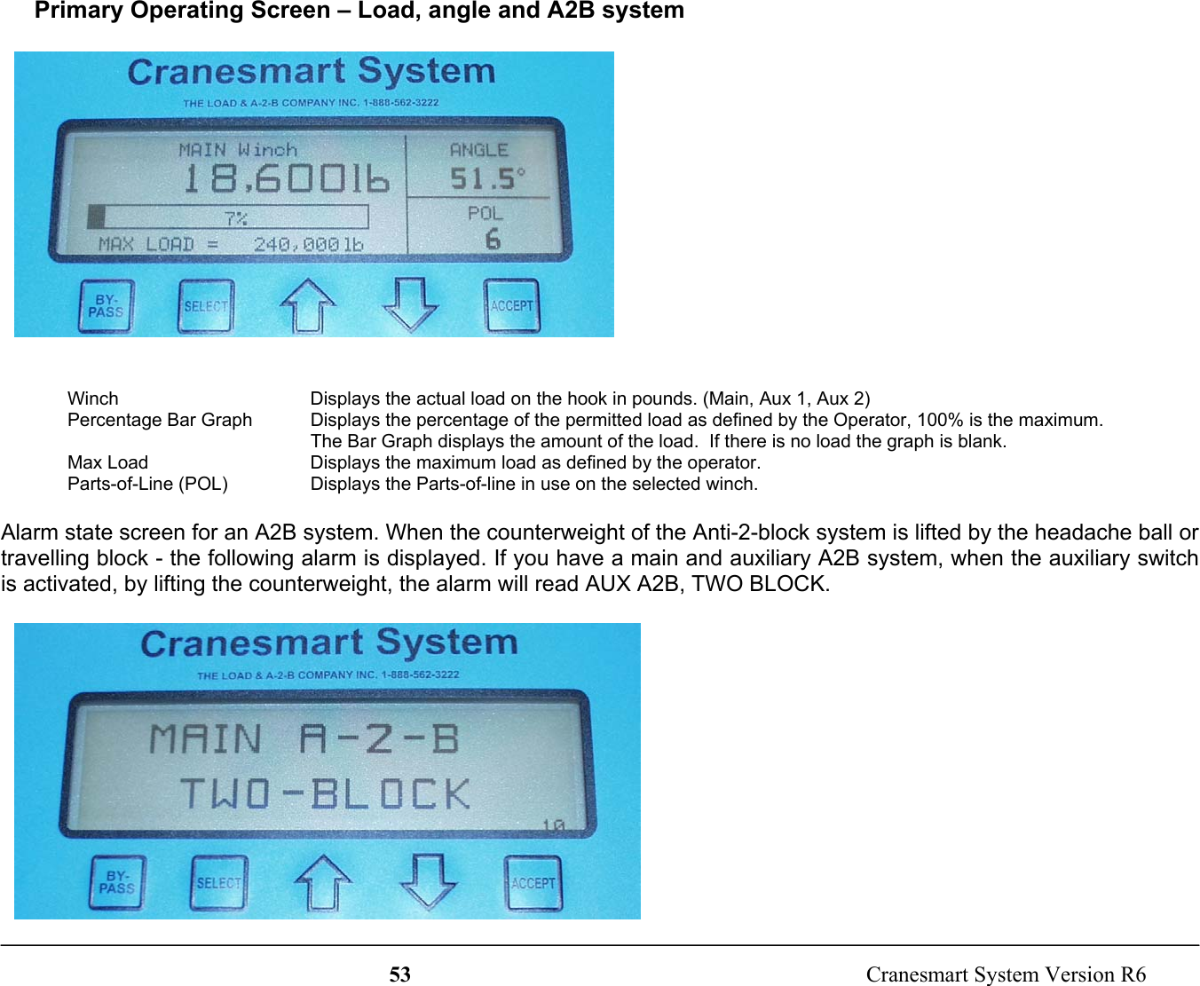 53  Cranesmart System Version R6Primary Operating Screen – Load, angle and A2B systemWinch Displays the actual load on the hook in pounds. (Main, Aux 1, Aux 2)Percentage Bar Graph Displays the percentage of the permitted load as defined by the Operator, 100% is the maximum.The Bar Graph displays the amount of the load.  If there is no load the graph is blank.Max Load Displays the maximum load as defined by the operator.Parts-of-Line (POL) Displays the Parts-of-line in use on the selected winch.Alarm state screen for an A2B system. When the counterweight of the Anti-2-block system is lifted by the headache ball ortravelling block - the following alarm is displayed. If you have a main and auxiliary A2B system, when the auxiliary switchis activated, by lifting the counterweight, the alarm will read AUX A2B, TWO BLOCK.