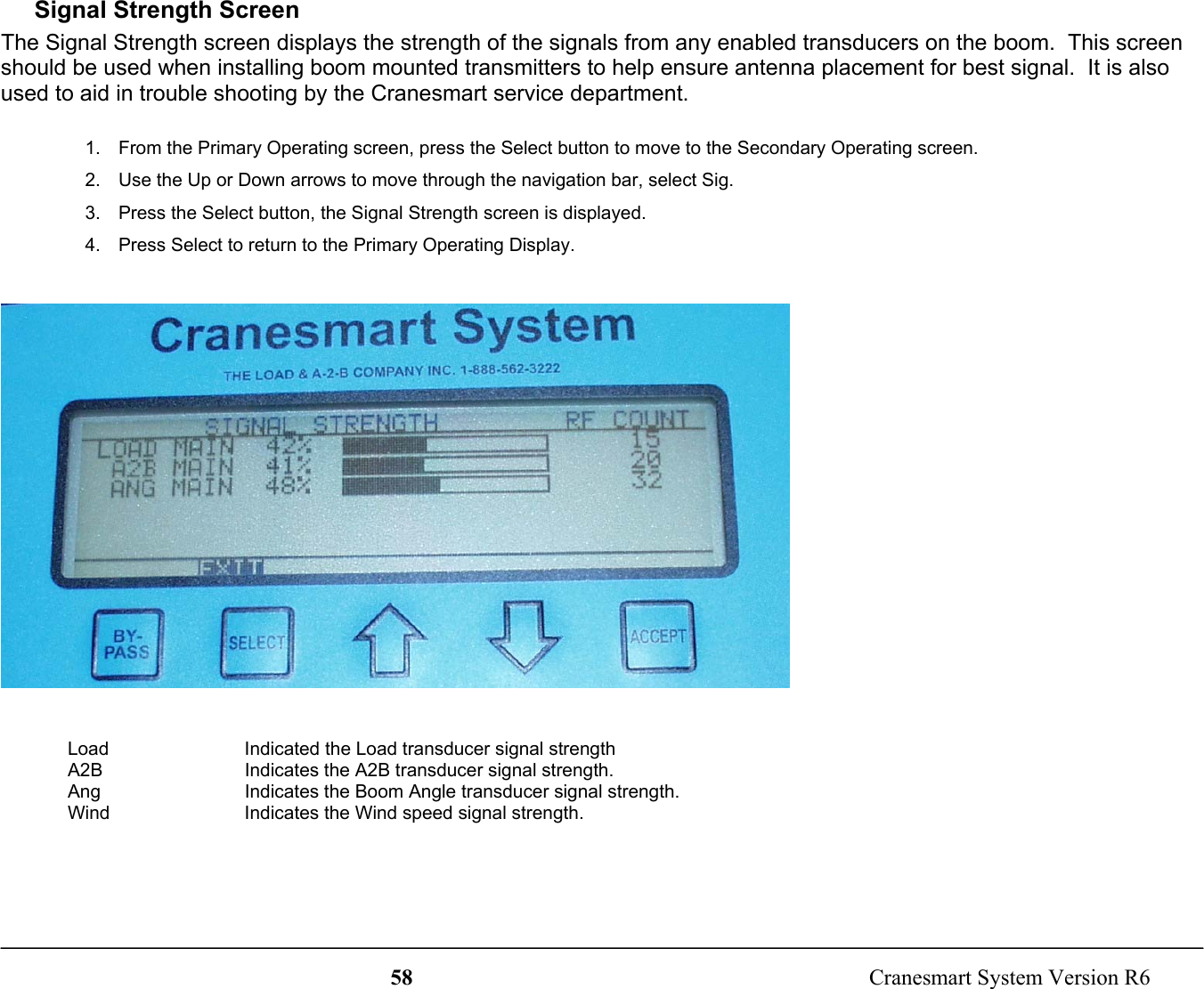 58  Cranesmart System Version R6Signal Strength ScreenThe Signal Strength screen displays the strength of the signals from any enabled transducers on the boom.  This screenshould be used when installing boom mounted transmitters to help ensure antenna placement for best signal.  It is alsoused to aid in trouble shooting by the Cranesmart service department.1.  From the Primary Operating screen, press the Select button to move to the Secondary Operating screen.2.  Use the Up or Down arrows to move through the navigation bar, select Sig.3.  Press the Select button, the Signal Strength screen is displayed.4.  Press Select to return to the Primary Operating Display.Load Indicated the Load transducer signal strengthA2B Indicates the A2B transducer signal strength.Ang Indicates the Boom Angle transducer signal strength.Wind Indicates the Wind speed signal strength.