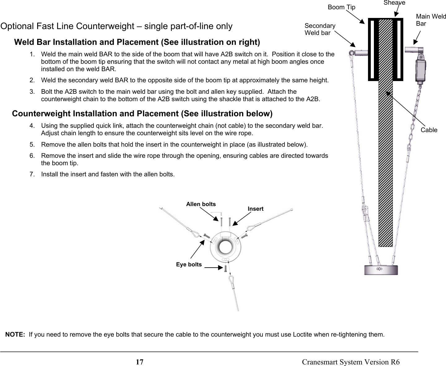 17  Cranesmart System Version R6Optional Fast Line Counterweight – single part-of-line only Weld Bar Installation and Placement (See illustration on right)1.  Weld the main weld BAR to the side of the boom that will have A2B switch on it.  Position it close to thebottom of the boom tip ensuring that the switch will not contact any metal at high boom angles onceinstalled on the weld BAR.2.  Weld the secondary weld BAR to the opposite side of the boom tip at approximately the same height.3.  Bolt the A2B switch to the main weld bar using the bolt and allen key supplied.  Attach thecounterweight chain to the bottom of the A2B switch using the shackle that is attached to the A2B.Counterweight Installation and Placement (See illustration below)4.  Using the supplied quick link, attach the counterweight chain (not cable) to the secondary weld bar.Adjust chain length to ensure the counterweight sits level on the wire rope.5.  Remove the allen bolts that hold the insert in the counterweight in place (as illustrated below).6.  Remove the insert and slide the wire rope through the opening, ensuring cables are directed towardsthe boom tip.7.  Install the insert and fasten with the allen bolts.Main WeldBarSecondaryWeld barCableSheaveBoom TipNOTE:  If you need to remove the eye bolts that secure the cable to the counterweight you must use Loctite when re-tightening them.Allen bolts InsertEye bolts