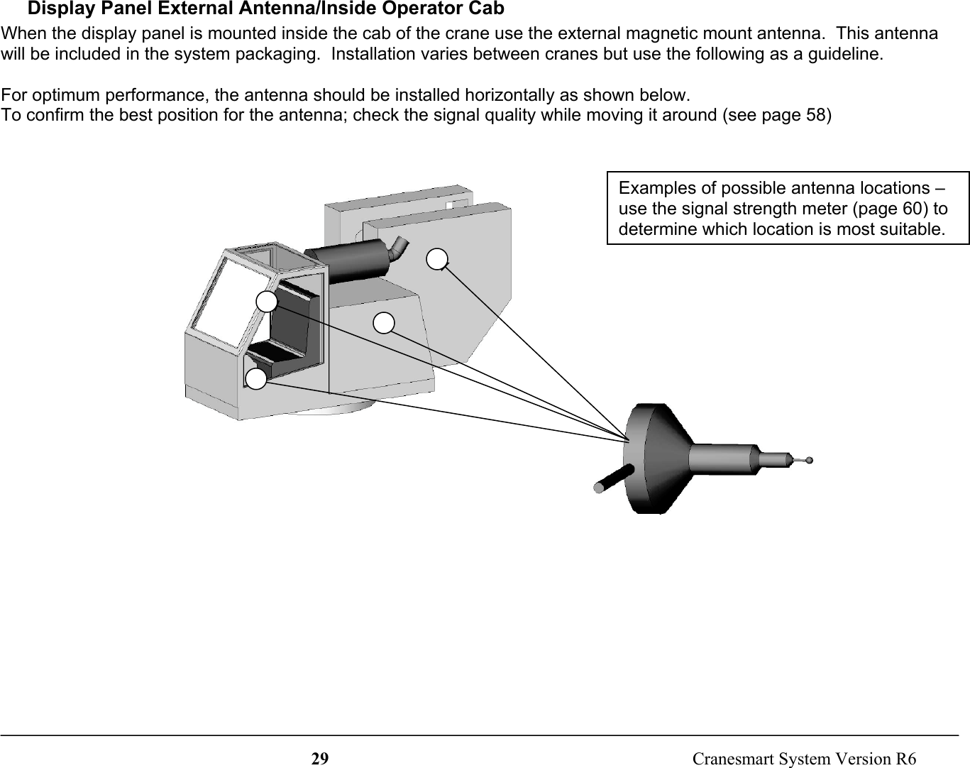 29  Cranesmart System Version R6Display Panel External Antenna/Inside Operator CabWhen the display panel is mounted inside the cab of the crane use the external magnetic mount antenna.  This antennawill be included in the system packaging.  Installation varies between cranes but use the following as a guideline.For optimum performance, the antenna should be installed horizontally as shown below.To confirm the best position for the antenna; check the signal quality while moving it around (see page 58)Examples of possible antenna locations –use the signal strength meter (page 60) todetermine which location is most suitable.