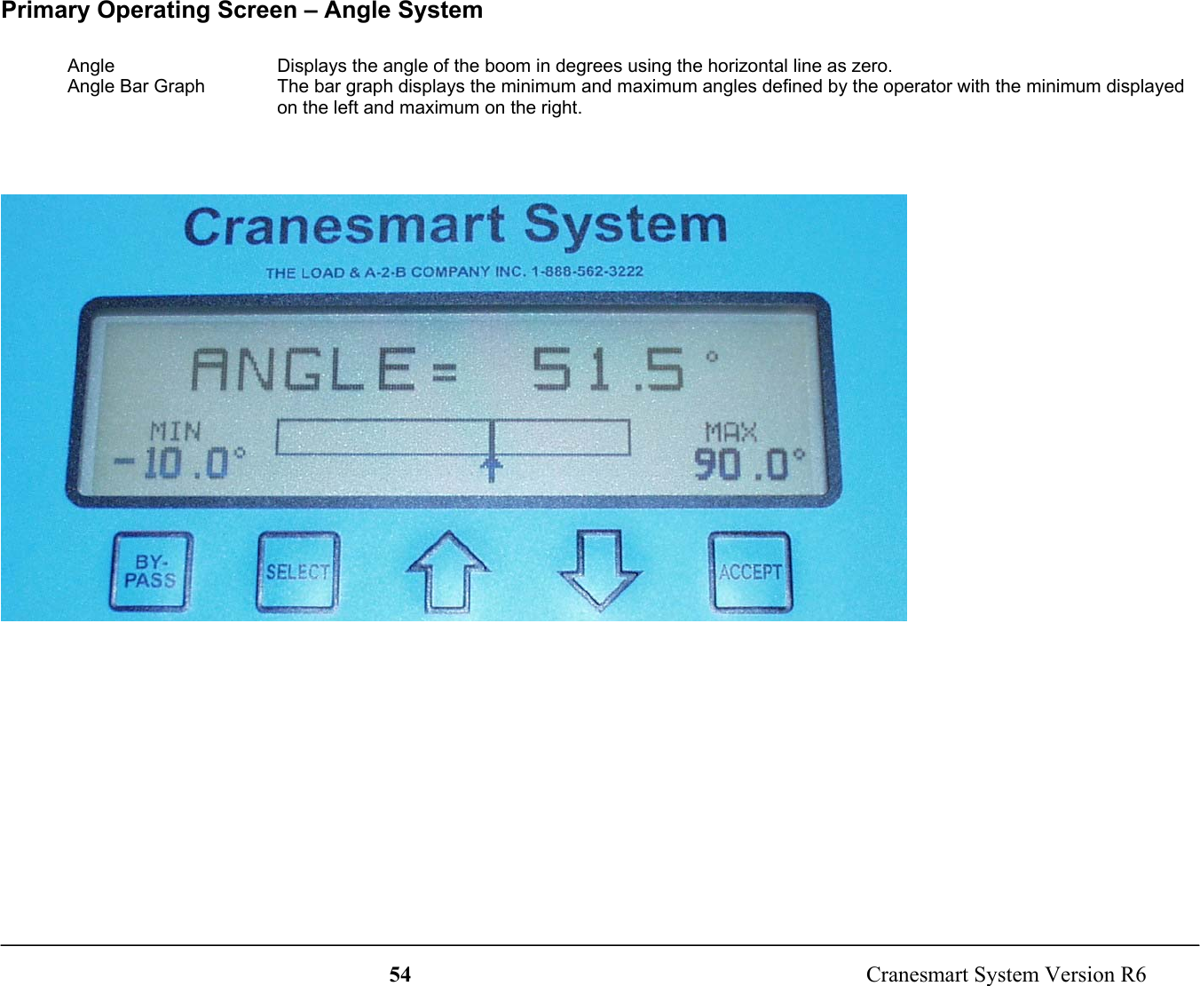 54  Cranesmart System Version R6Primary Operating Screen – Angle SystemAngle Displays the angle of the boom in degrees using the horizontal line as zero.Angle Bar Graph The bar graph displays the minimum and maximum angles defined by the operator with the minimum displayedon the left and maximum on the right.