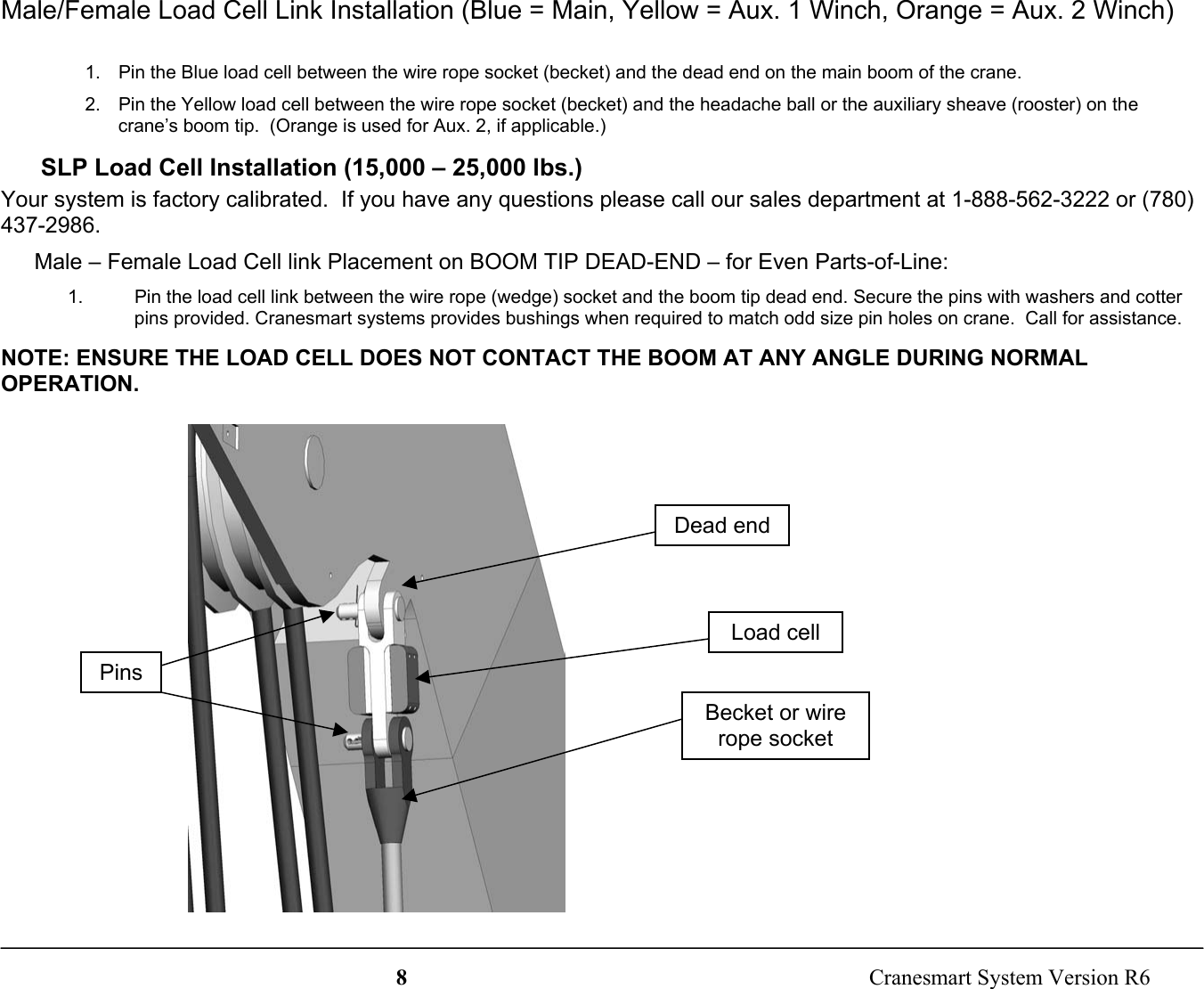 8  Cranesmart System Version R6Male/Female Load Cell Link Installation (Blue = Main, Yellow = Aux. 1 Winch, Orange = Aux. 2 Winch)1.  Pin the Blue load cell between the wire rope socket (becket) and the dead end on the main boom of the crane.2.  Pin the Yellow load cell between the wire rope socket (becket) and the headache ball or the auxiliary sheave (rooster) on thecrane’s boom tip.  (Orange is used for Aux. 2, if applicable.) SLP Load Cell Installation (15,000 – 25,000 lbs.)Your system is factory calibrated.  If you have any questions please call our sales department at 1-888-562-3222 or (780)437-2986.Male – Female Load Cell link Placement on BOOM TIP DEAD-END – for Even Parts-of-Line:1.  Pin the load cell link between the wire rope (wedge) socket and the boom tip dead end. Secure the pins with washers and cotterpins provided. Cranesmart systems provides bushings when required to match odd size pin holes on crane.  Call for assistance.NOTE: ENSURE THE LOAD CELL DOES NOT CONTACT THE BOOM AT ANY ANGLE DURING NORMALOPERATION.Dead endLoad cellPinsBecket or wirerope socket