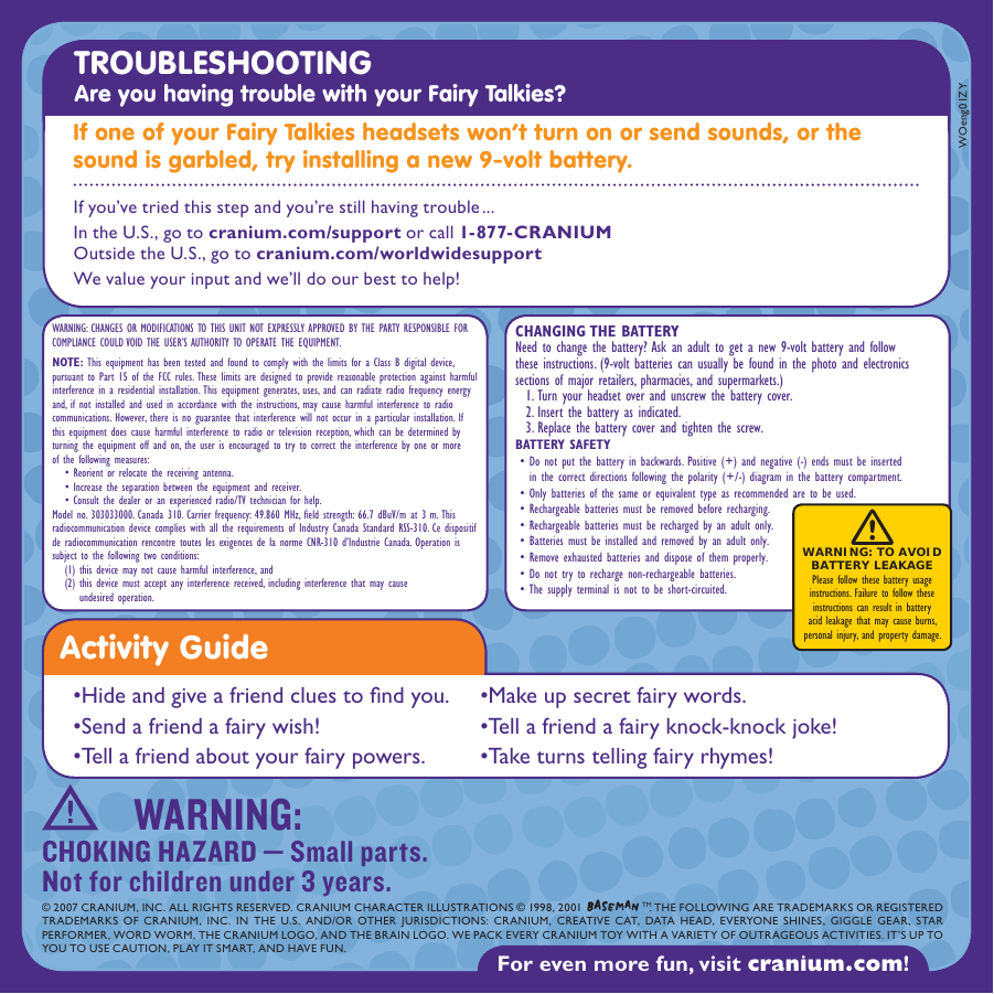 Page 2 of 2 - Cranium Cranium-Giggle-Gear-Fairy-Talkies-303033000-Users-Manual-  Cranium-giggle-gear-fairy-talkies-303033000-users-manual