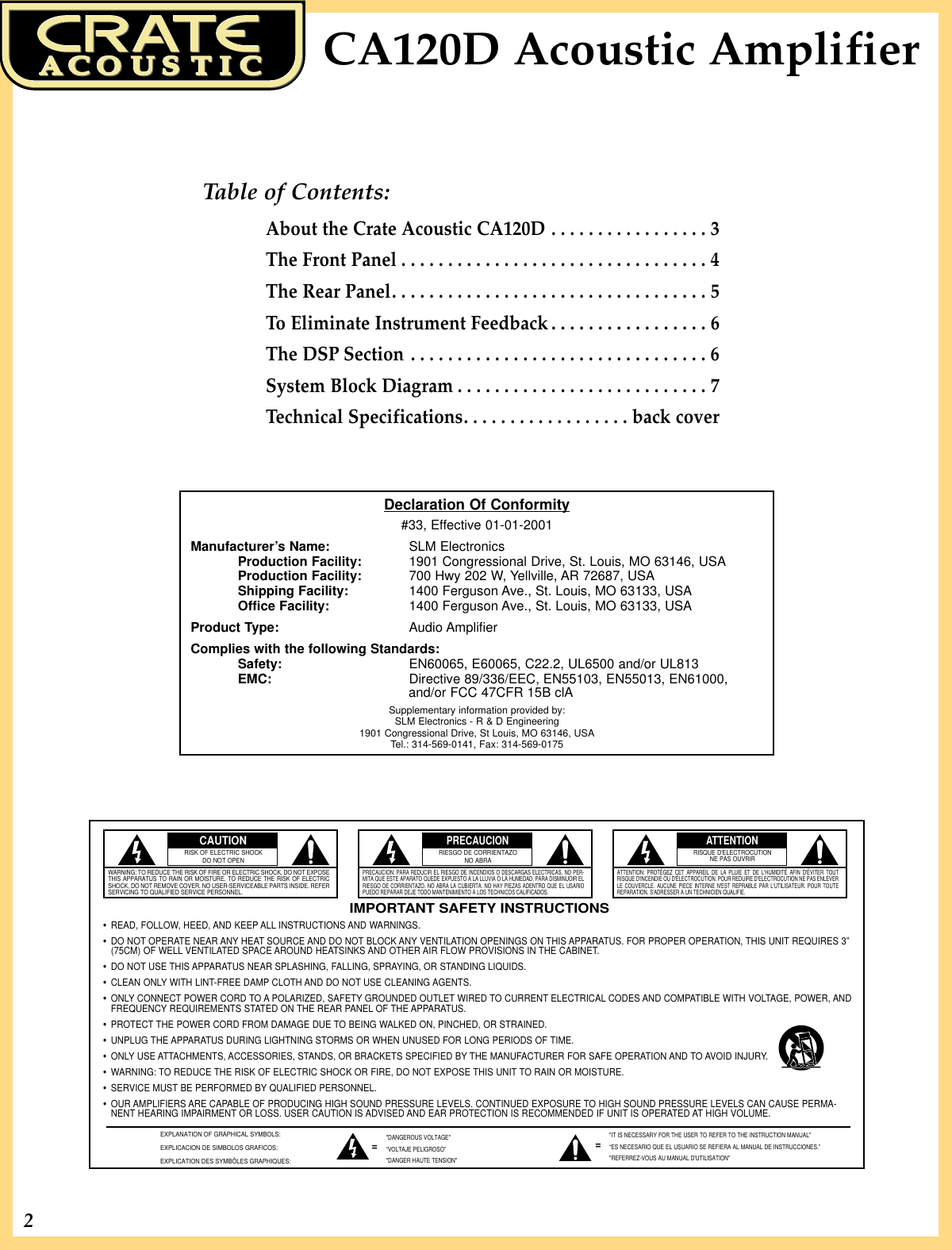 Page 2 of 8 - Crate-Amplifiers Crate-Amplifiers-Acoustic-Ca120D-Users-Manual-  Crate-amplifiers-acoustic-ca120d-users-manual