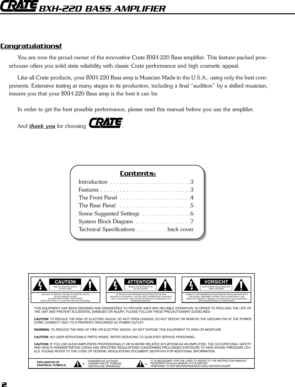 Page 2 of 8 - Crate-Amplifiers Crate-Amplifiers-Bxh-220-Users-Manual-  Crate-amplifiers-bxh-220-users-manual