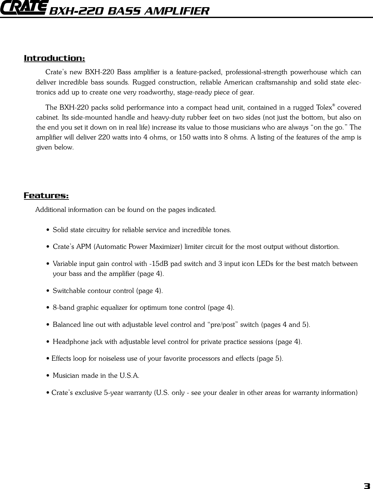 Page 3 of 8 - Crate-Amplifiers Crate-Amplifiers-Bxh-220-Users-Manual-  Crate-amplifiers-bxh-220-users-manual