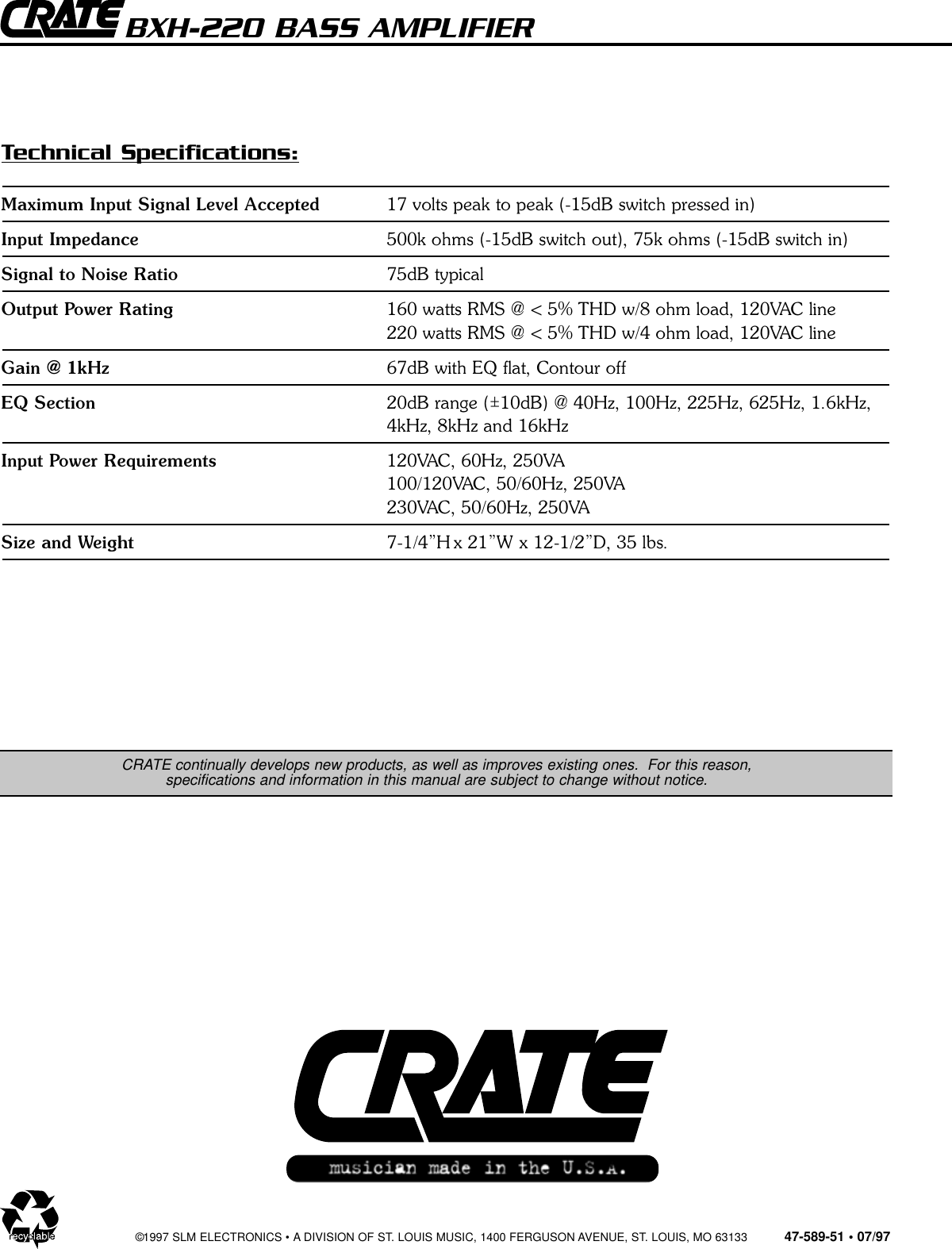 Page 8 of 8 - Crate-Amplifiers Crate-Amplifiers-Bxh-220-Users-Manual-  Crate-amplifiers-bxh-220-users-manual