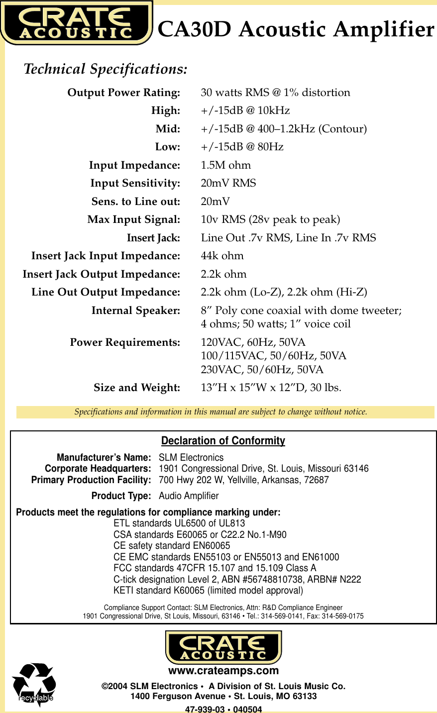 Page 8 of 8 - Crate-Amplifiers Crate-Amplifiers-Ca30-Dg-Users-Manual-  Crate-amplifiers-ca30-dg-users-manual