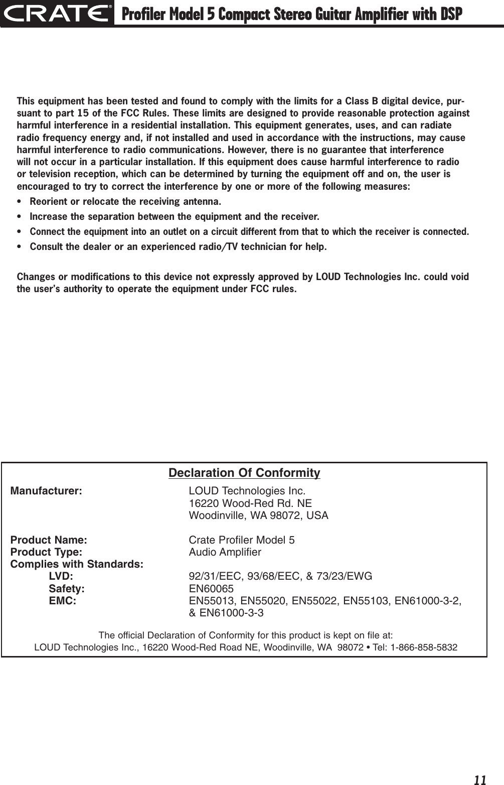 Page 11 of 12 - Crate-Amplifiers Crate-Amplifiers-Compact-Stereo-Guitar-Amplifier-With-Dsp-And-11-Amp-Profiles-5-Users-Manual- Profiler Series  5 Compact Stereo Guitar Amplifier Owner's Manual Crate-amplifiers-compact-stereo-guitar-amplifier-with-dsp-and-11-amp-profiles-5-users-manual