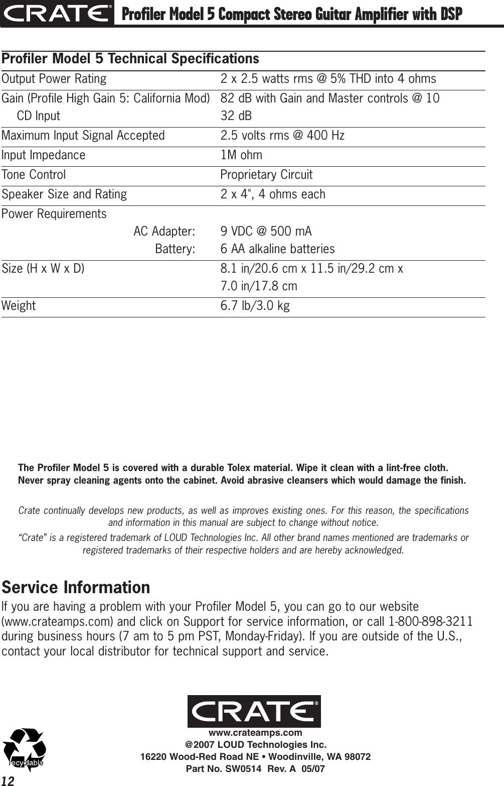 Page 12 of 12 - Crate-Amplifiers Crate-Amplifiers-Compact-Stereo-Guitar-Amplifier-With-Dsp-And-11-Amp-Profiles-5-Users-Manual- Profiler Series  5 Compact Stereo Guitar Amplifier Owner's Manual Crate-amplifiers-compact-stereo-guitar-amplifier-with-dsp-and-11-amp-profiles-5-users-manual