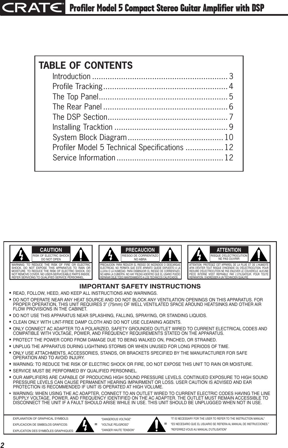 Page 2 of 12 - Crate-Amplifiers Crate-Amplifiers-Compact-Stereo-Guitar-Amplifier-With-Dsp-And-11-Amp-Profiles-5-Users-Manual- Profiler Series  5 Compact Stereo Guitar Amplifier Owner's Manual Crate-amplifiers-compact-stereo-guitar-amplifier-with-dsp-and-11-amp-profiles-5-users-manual