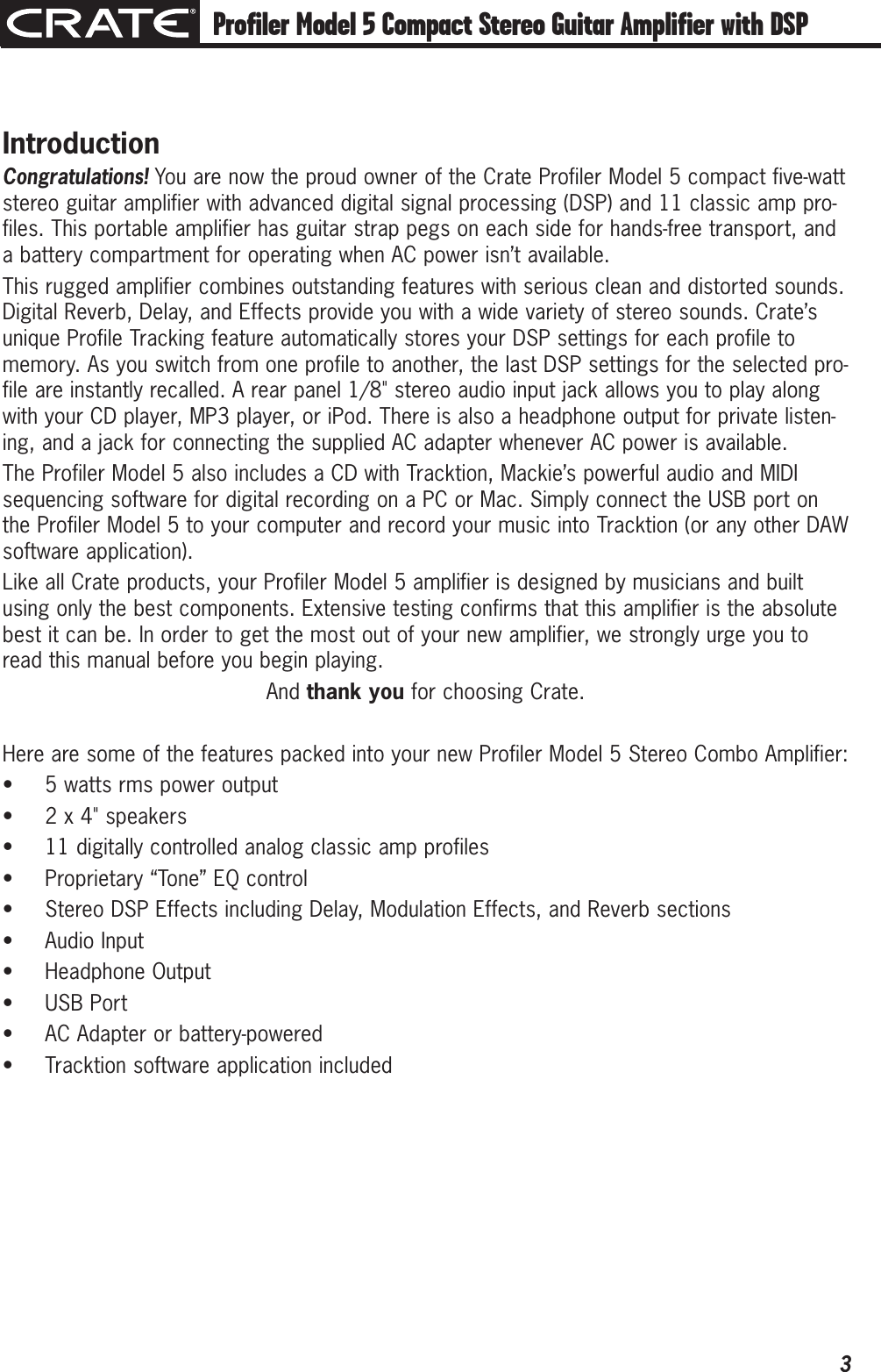 Page 3 of 12 - Crate-Amplifiers Crate-Amplifiers-Compact-Stereo-Guitar-Amplifier-With-Dsp-And-11-Amp-Profiles-5-Users-Manual- Profiler Series  5 Compact Stereo Guitar Amplifier Owner's Manual Crate-amplifiers-compact-stereo-guitar-amplifier-with-dsp-and-11-amp-profiles-5-users-manual