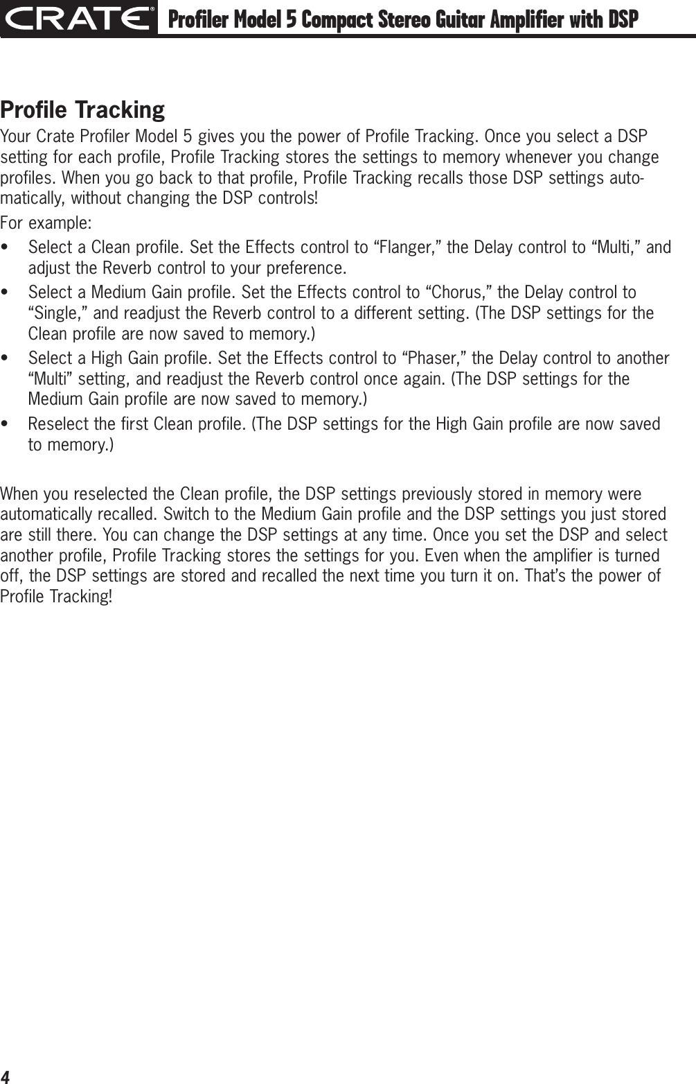 Page 4 of 12 - Crate-Amplifiers Crate-Amplifiers-Compact-Stereo-Guitar-Amplifier-With-Dsp-And-11-Amp-Profiles-5-Users-Manual- Profiler Series  5 Compact Stereo Guitar Amplifier Owner's Manual Crate-amplifiers-compact-stereo-guitar-amplifier-with-dsp-and-11-amp-profiles-5-users-manual