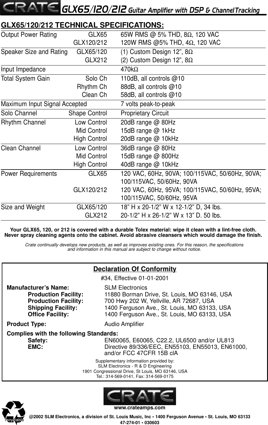 Page 8 of 8 - Crate-Amplifiers Crate-Amplifiers-Crate-Glx212-Users-Manual-  Crate-amplifiers-crate-glx212-users-manual