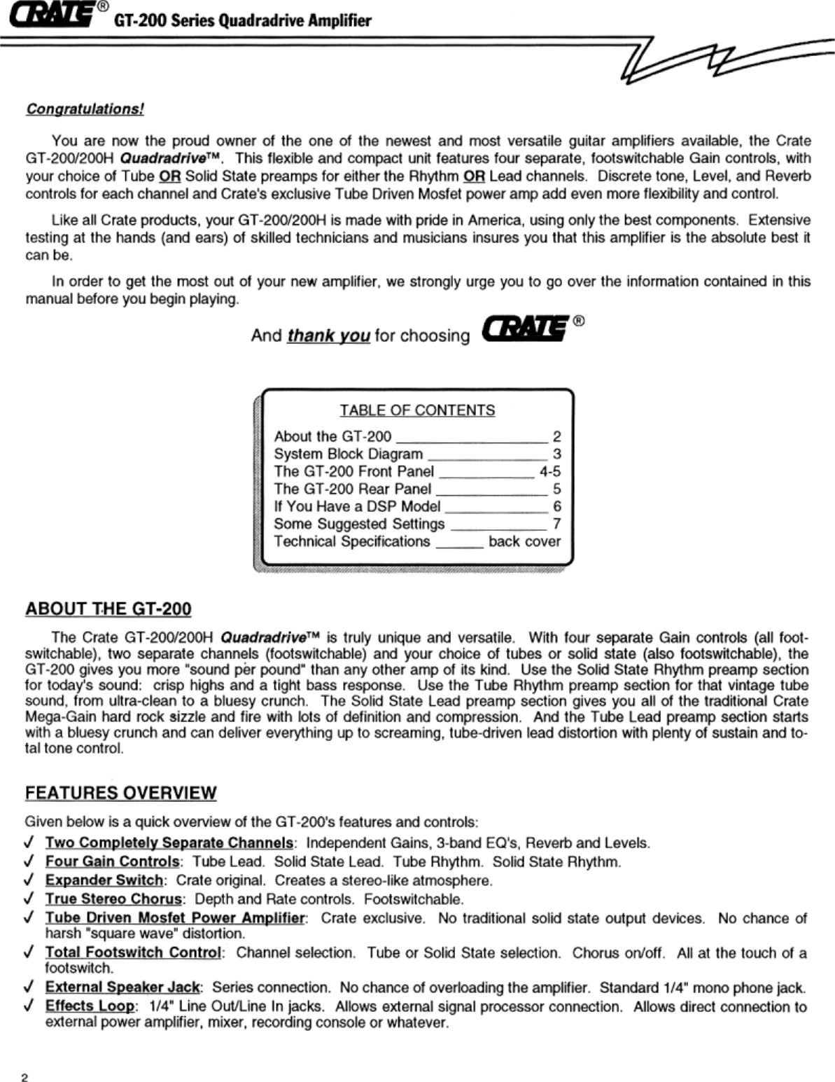 Page 2 of 8 - Crate-Amplifiers Crate-Amplifiers-Crate-With-Dsp-Gt-200-Users-Manual-  Crate-amplifiers-crate-with-dsp-gt-200-users-manual