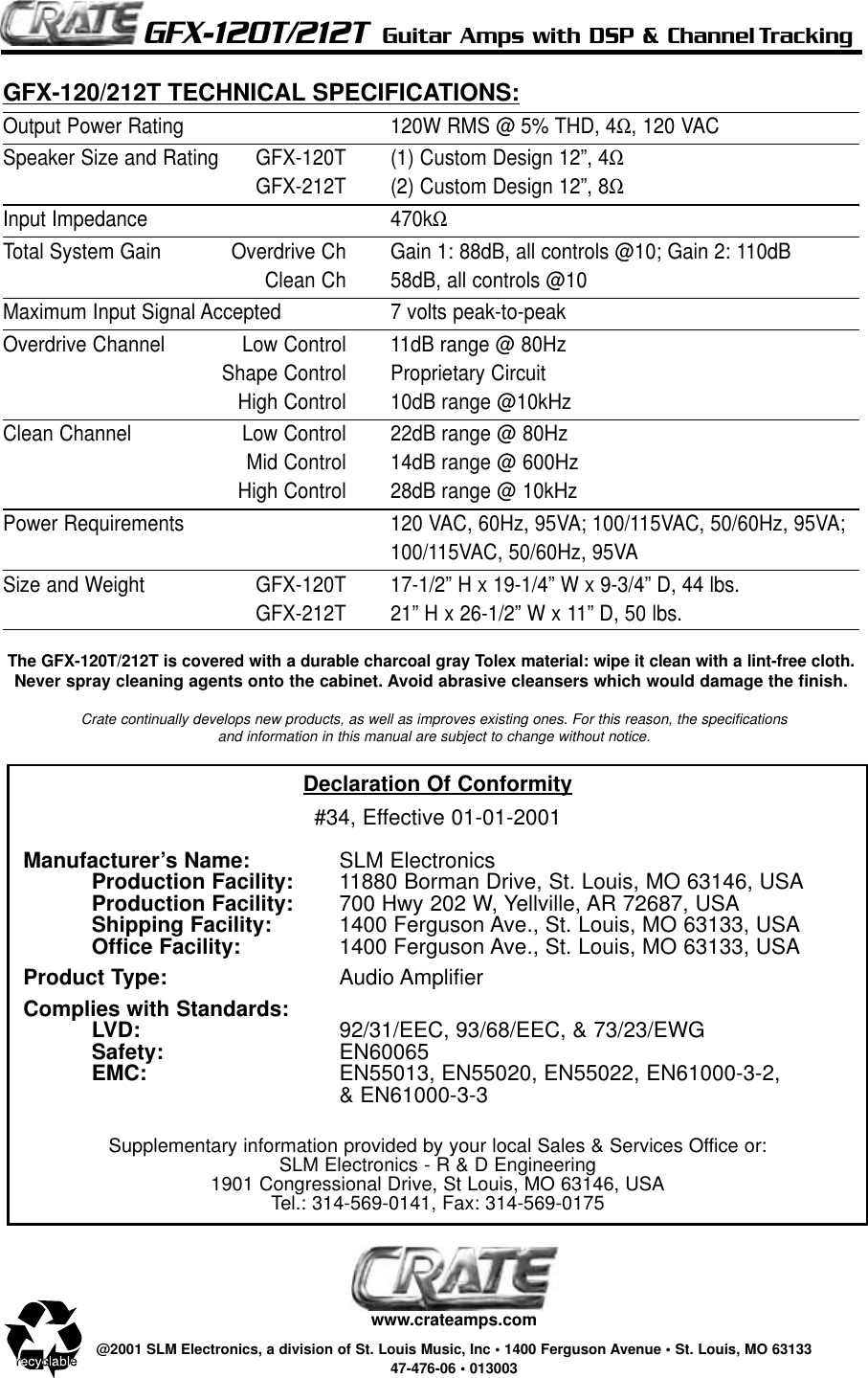 Page 8 of 8 - Crate-Amplifiers Crate-Amplifiers-Gfx-120T-Users-Manual-  Crate-amplifiers-gfx-120t-users-manual